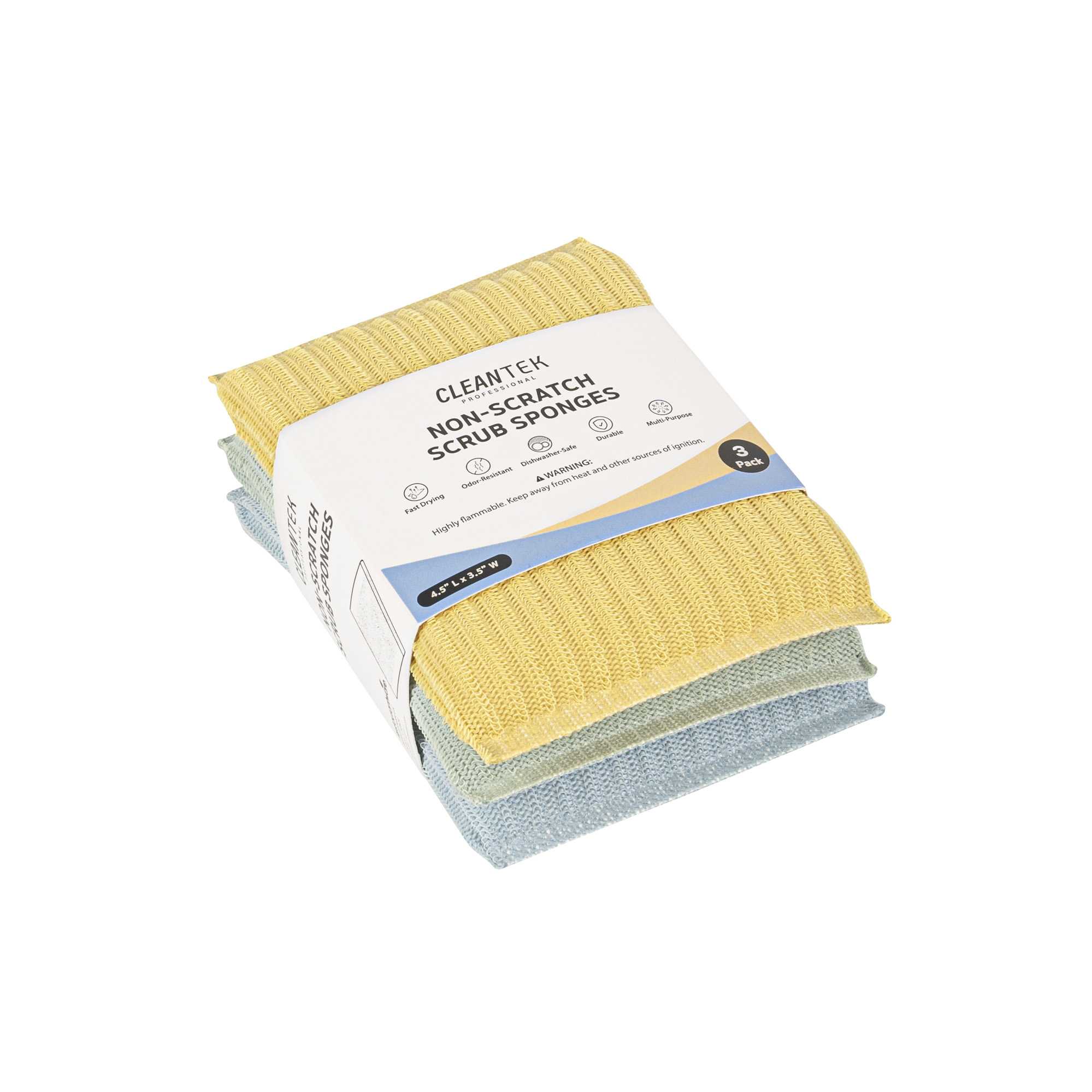 Clean Tek Professional Multi-Purpose Assorted Scrub Sponge - Blue, Yellow, and Green, Non-Scratch - 4 1/2" x 3 1/2" x 3/4" - 3 count box