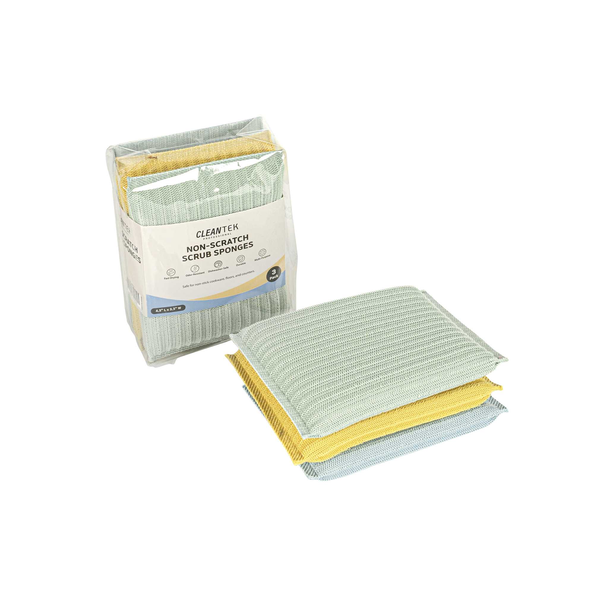 Clean Tek Professional Multi-Purpose Assorted Scrub Sponge - Blue, Yellow, and Green, Non-Scratch - 4 1/2" x 3 1/2" x 3/4" - 3 count box