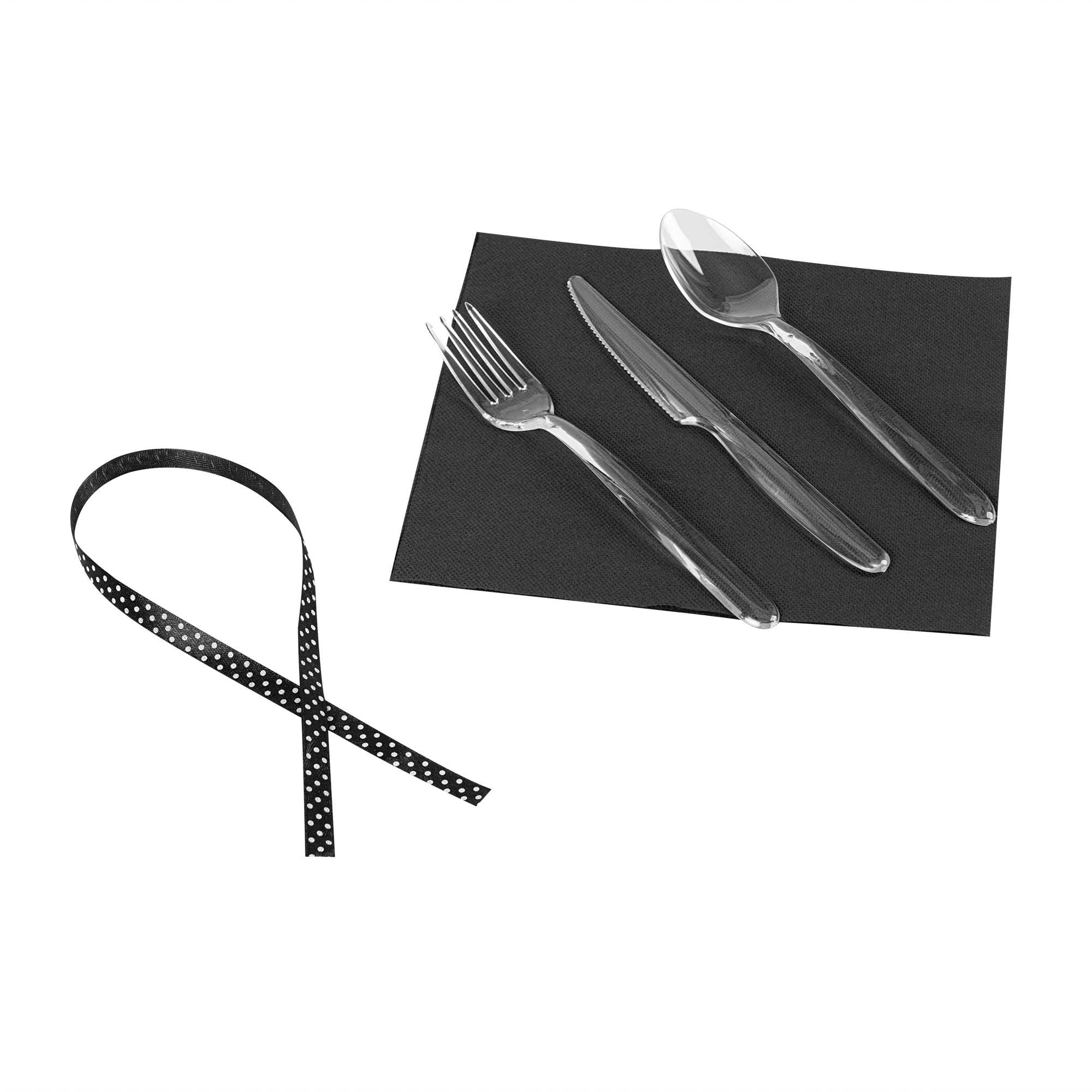Moderna Clear Plastic Cutlery Set - with Black Napkin, Polka Dot Ribbon - 7 1/4" x 2" x 1 3/4" - 100 count box