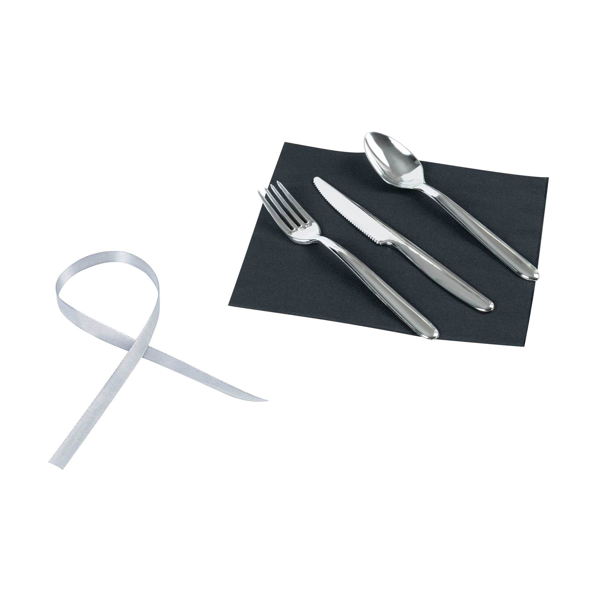 Moderna Silver Plastic Cutlery Set - with Black Napkin, Silver Ribbon - 7 1/4" x 2" x 1 3/4" - 100 count box