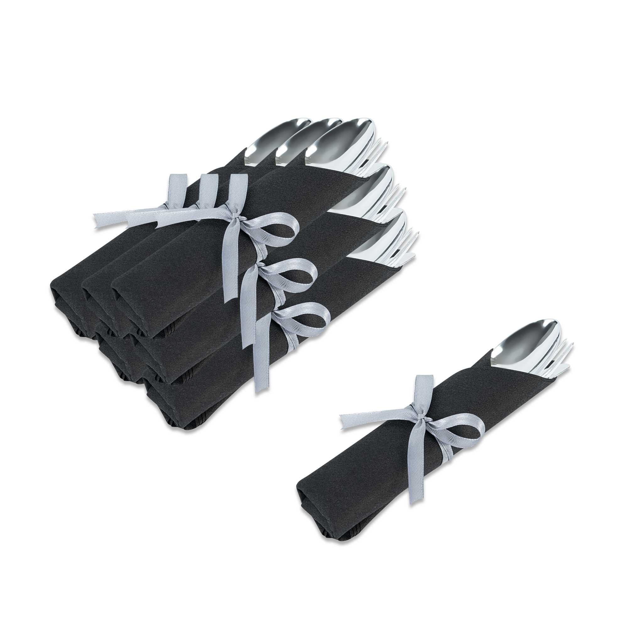 Moderna Silver Plastic Cutlery Set - with Black Napkin, Silver Ribbon - 7 1/4" x 2" x 1 3/4" - 100 count box