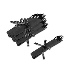Argento Black Plastic Cutlery Set - with Black Napkin, Polka Dot Ribbon - 7 1/4