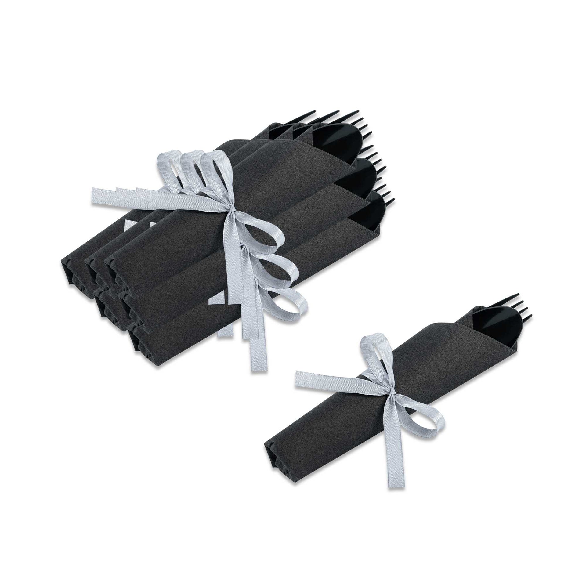 Argento Black Plastic Cutlery Set - with Black Napkin, Silver Ribbon - 7 1/4" x 2" x 1 3/4" - 100 count box