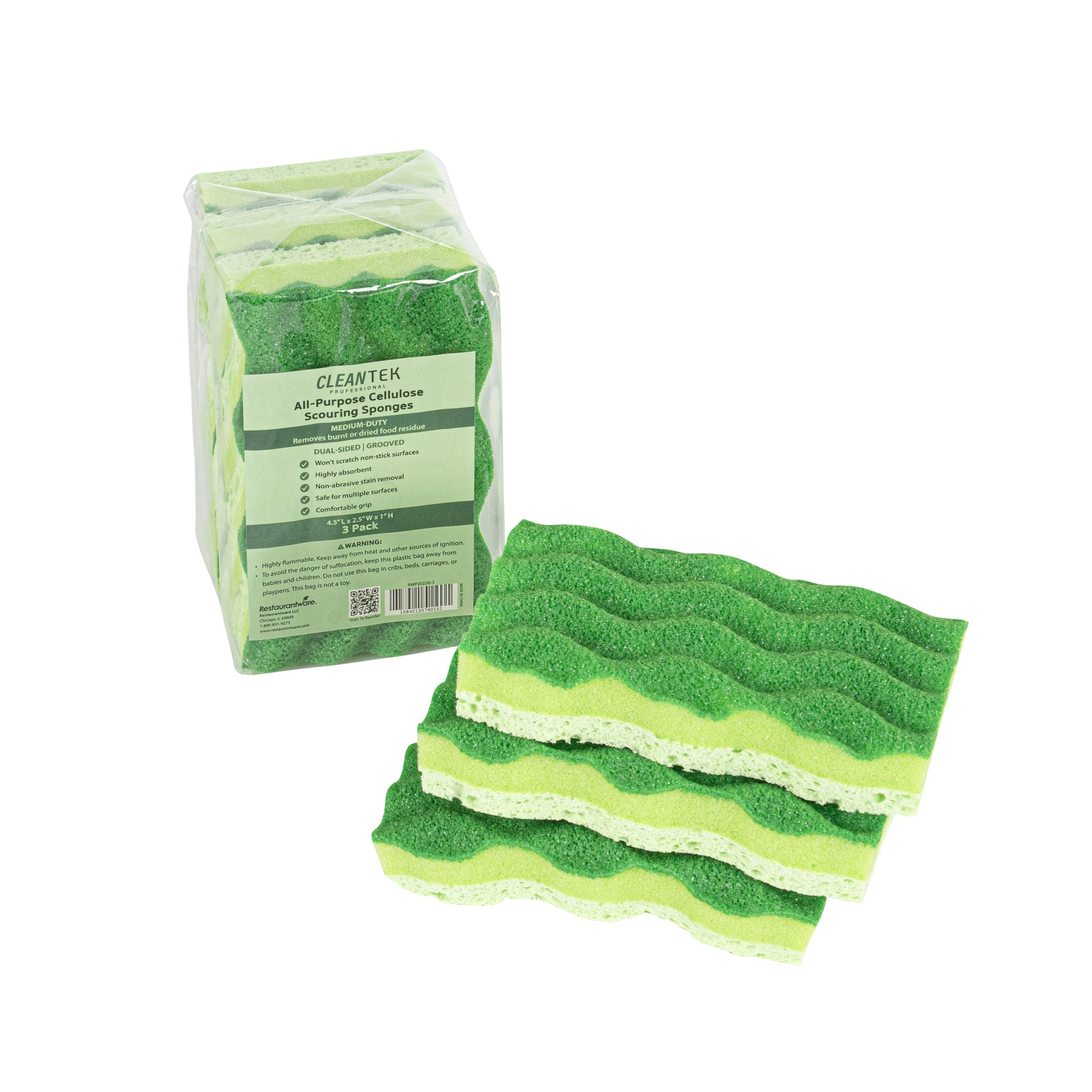 Clean Tek Professional All-Purpose Light and Dark Green Cellulose Scouring Sponge - Grooved - 4 1/2" x 2 1/2" x 1" - 60 count box