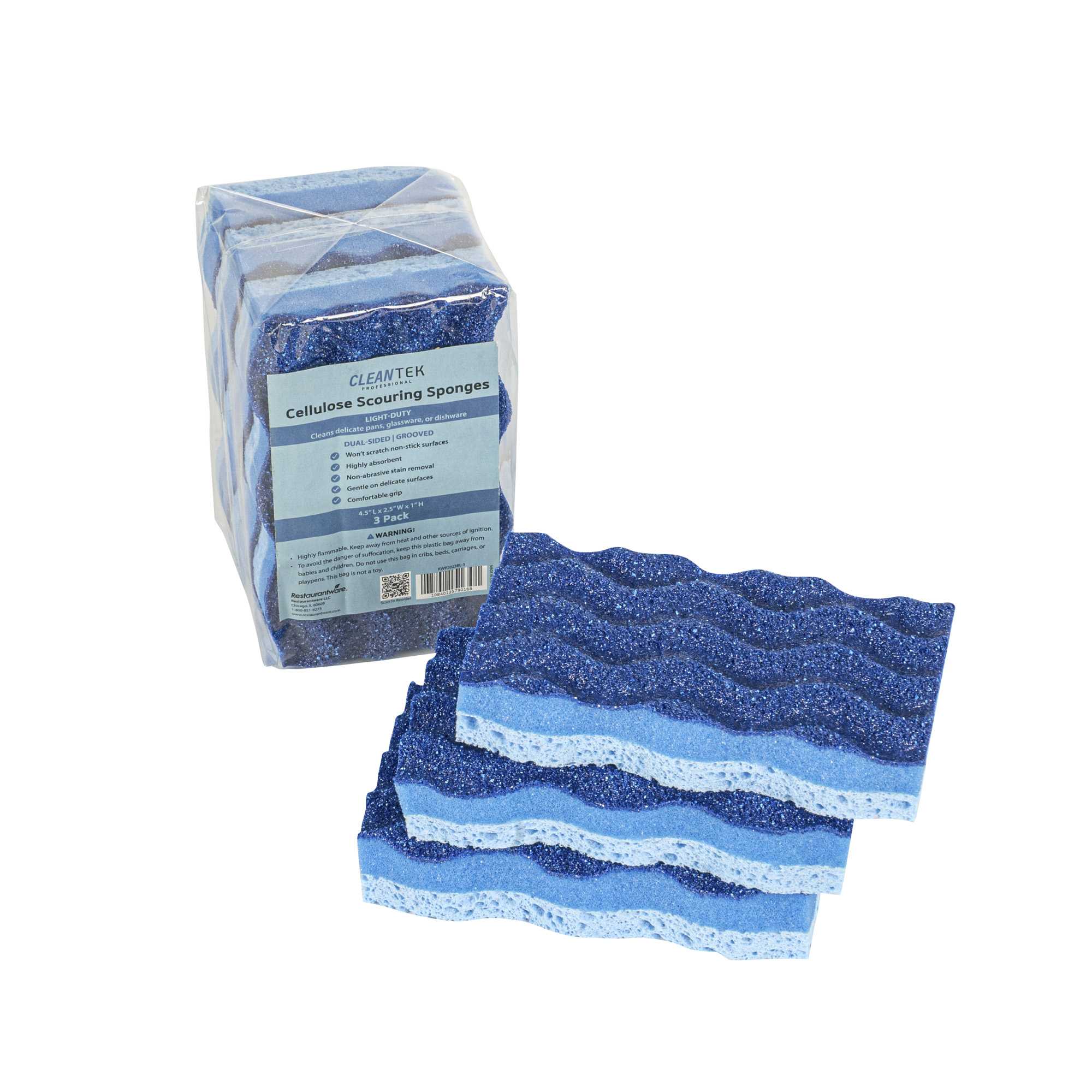 Clean Tek Professional Light-Duty Light and Dark Blue Cellulose Scouring Sponge - Grooved - 4 1/2" x 2 1/2" x 1" - 3 count box