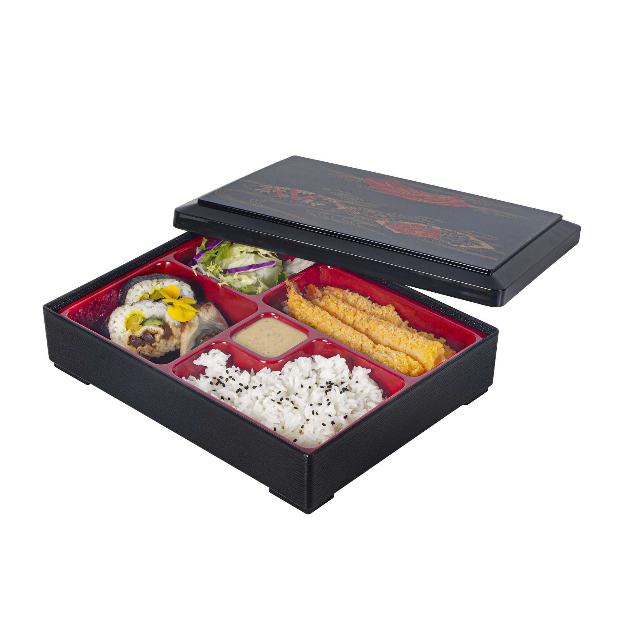 Bento Tek Rectangle Black Bento Box - 5-Compartments, with Removable Red Tray and Lid - 10 3/4" x 8 1/4" x 2 1/4" - 20 count box