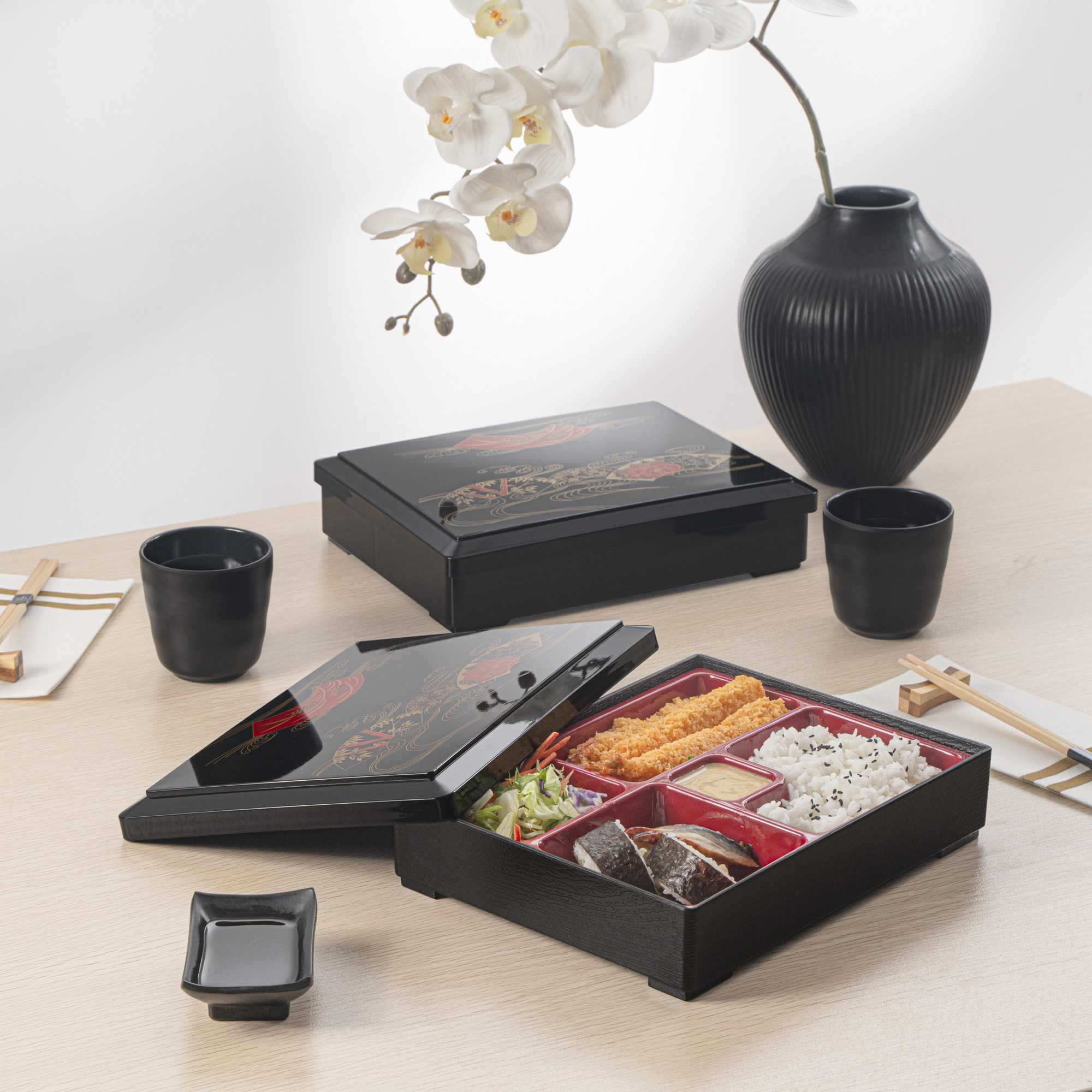 Bento Tek Rectangle Black Bento Box - 5-Compartments, with Removable Red Tray and Lid - 10 3/4" x 8 1/4" x 2 1/4" - 20 count box