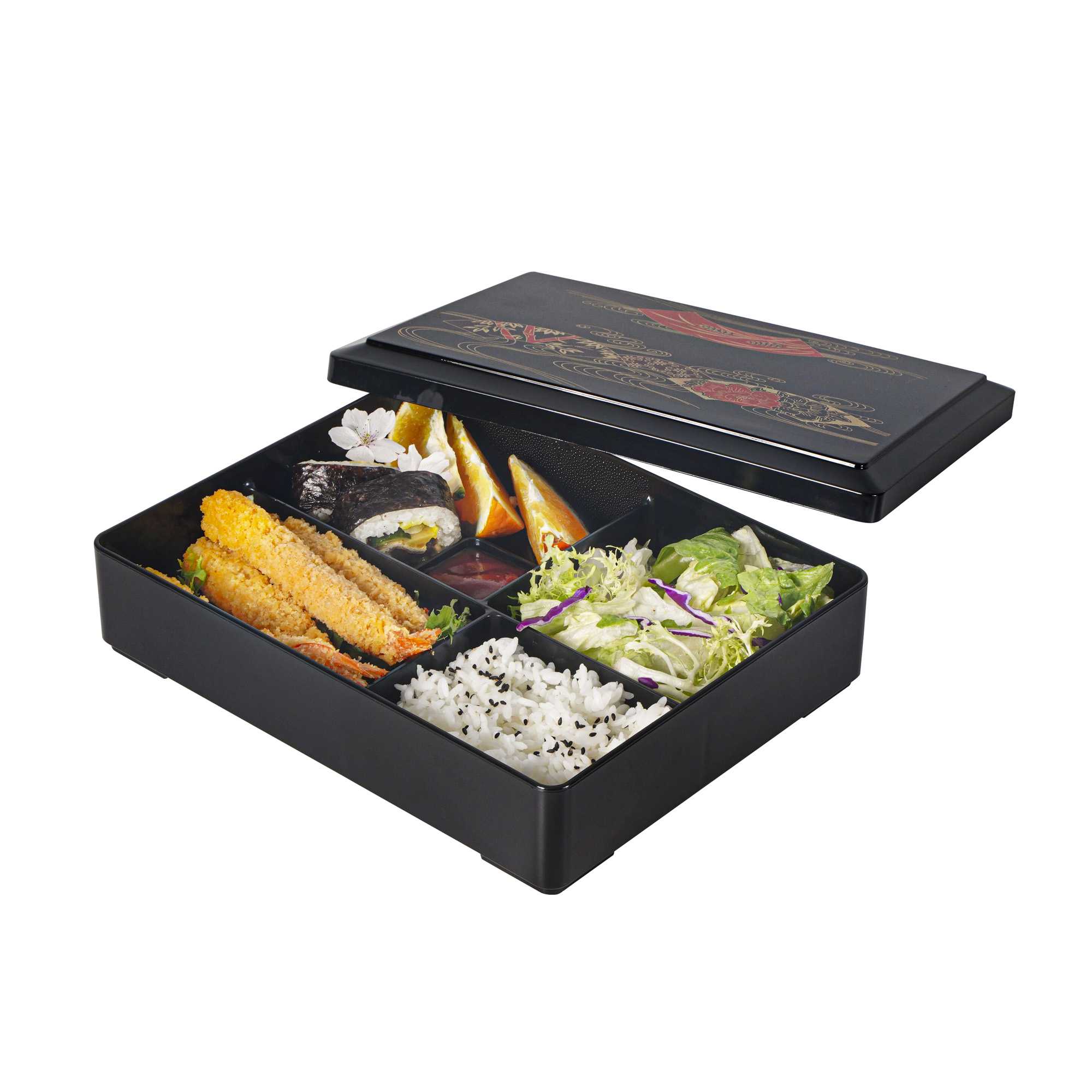 Bento Tek Rectangle Black Bento Box - 5 Compartments, with Lid - 10 3/4" x 8 1/4" x 2 1/4" - 20 count box