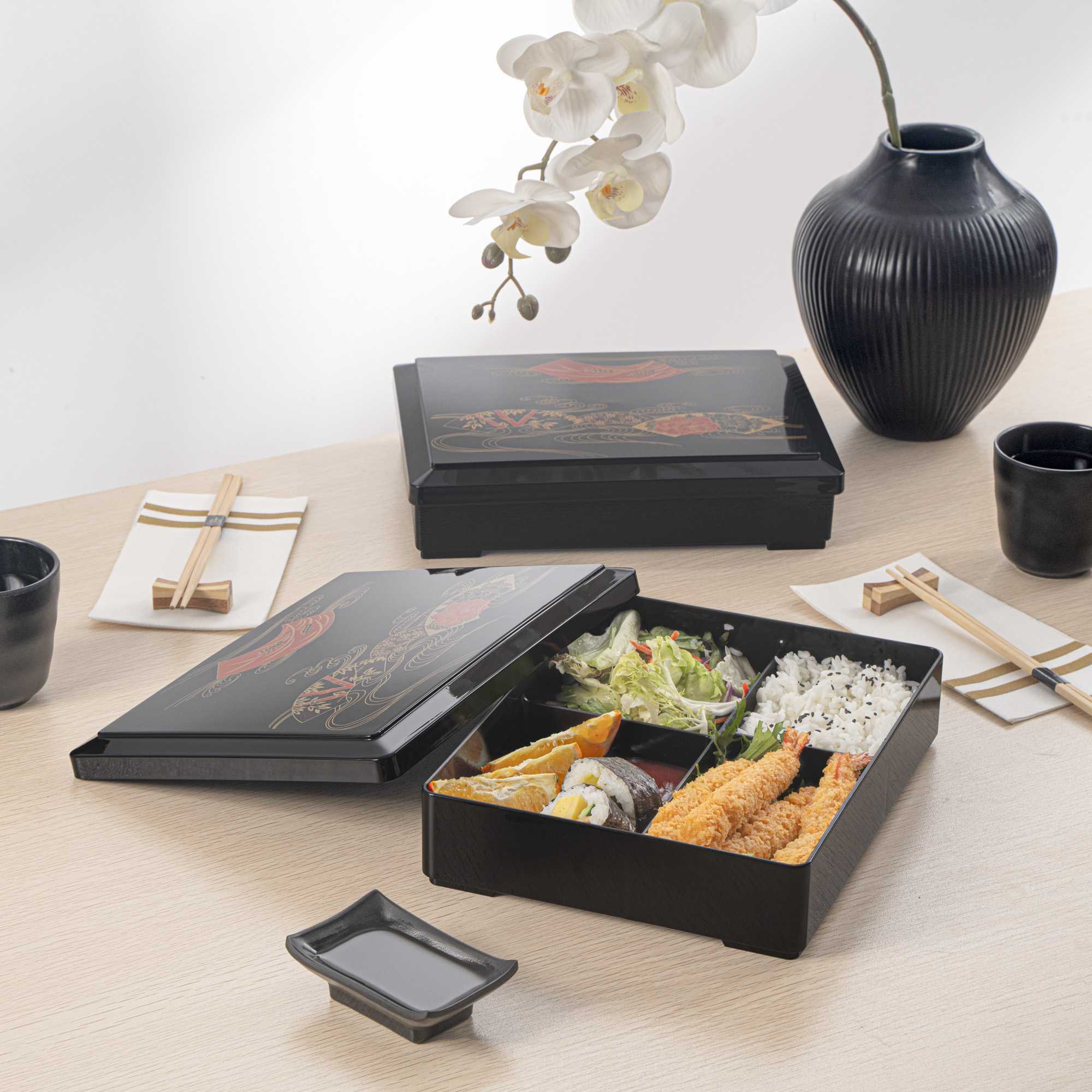 Bento Tek Rectangle Black Bento Box - 5 Compartments, with Lid - 10 3/4" x 8 1/4" x 2 1/4" - 20 count box