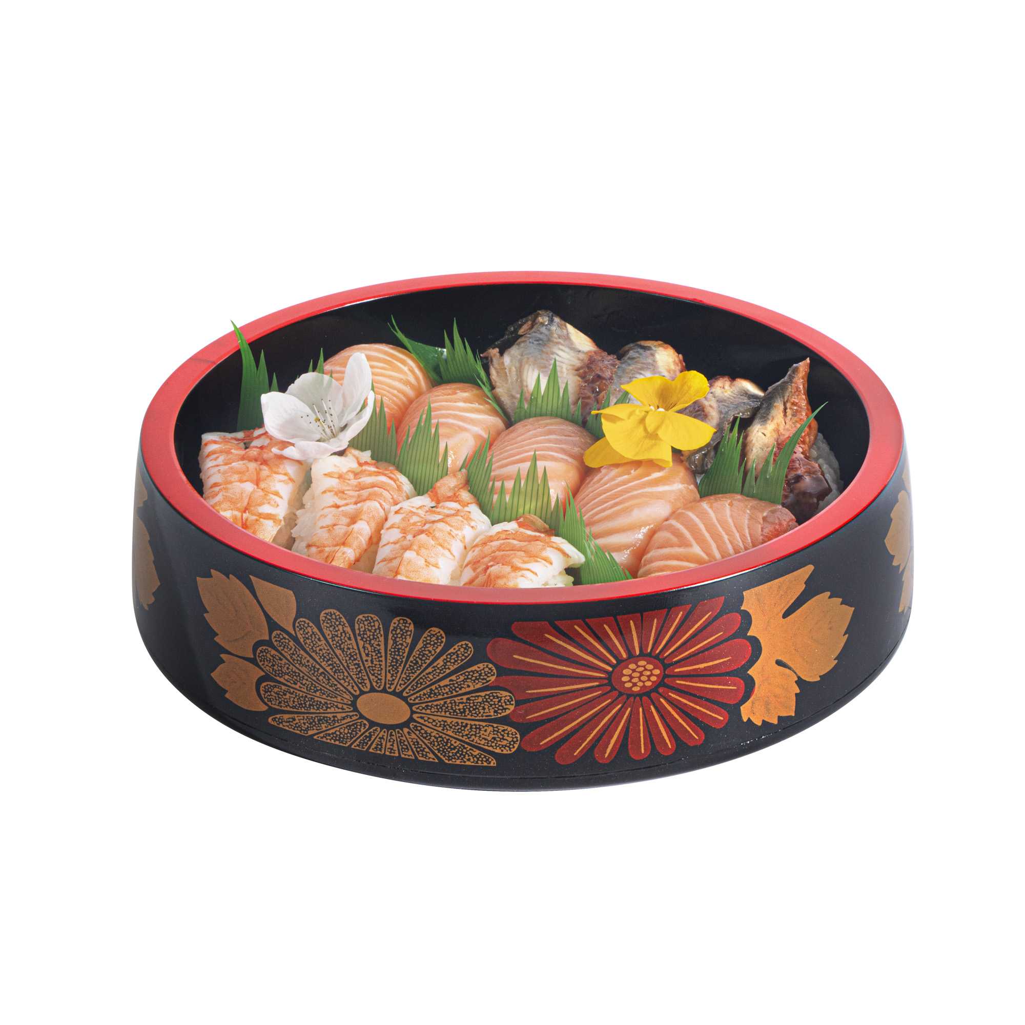 Bento Tek Round Black Floral Decal Sushi Tray - with Red Rim - 8 1/2" x 8 1/2" x 2 1/4" - 30 count box