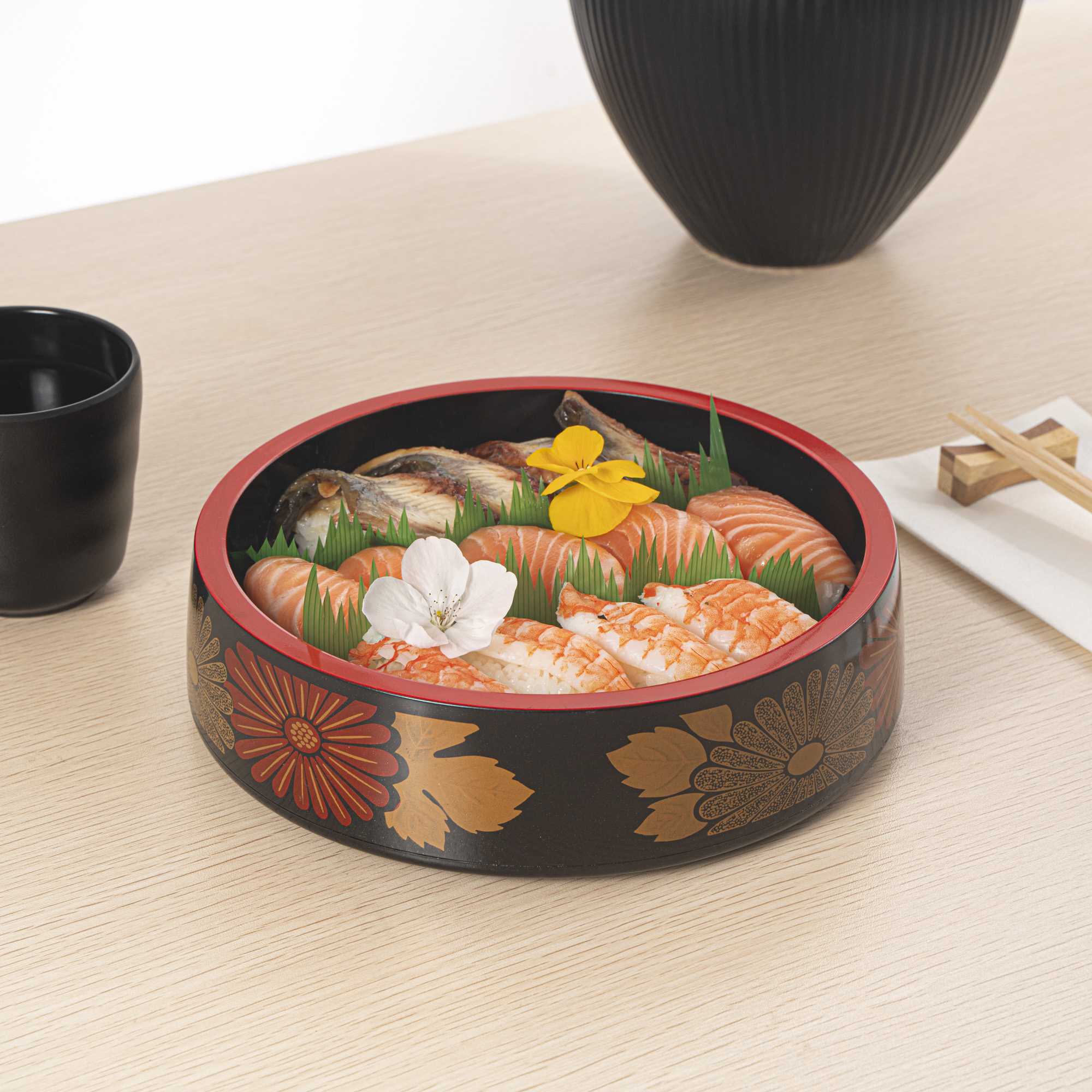 Bento Tek Round Black Floral Decal Sushi Tray - with Red Rim - 8 1/2" x 8 1/2" x 2 1/4" - 30 count box