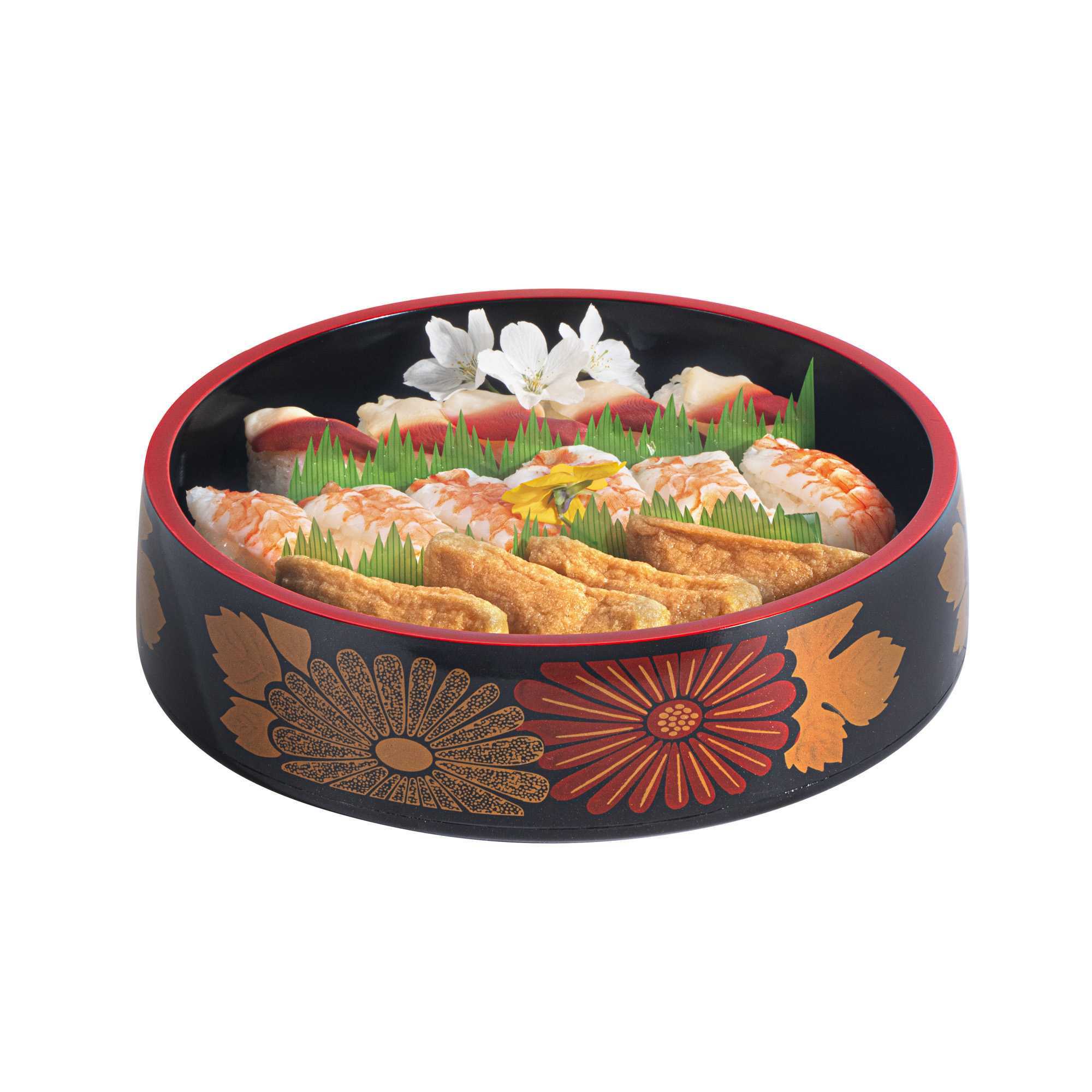 Bento Tek Round Black Floral Decal Sushi Tray - with Red Rim - 9 3/4" x 9 3/4" x 2 1/4" - 30 count box