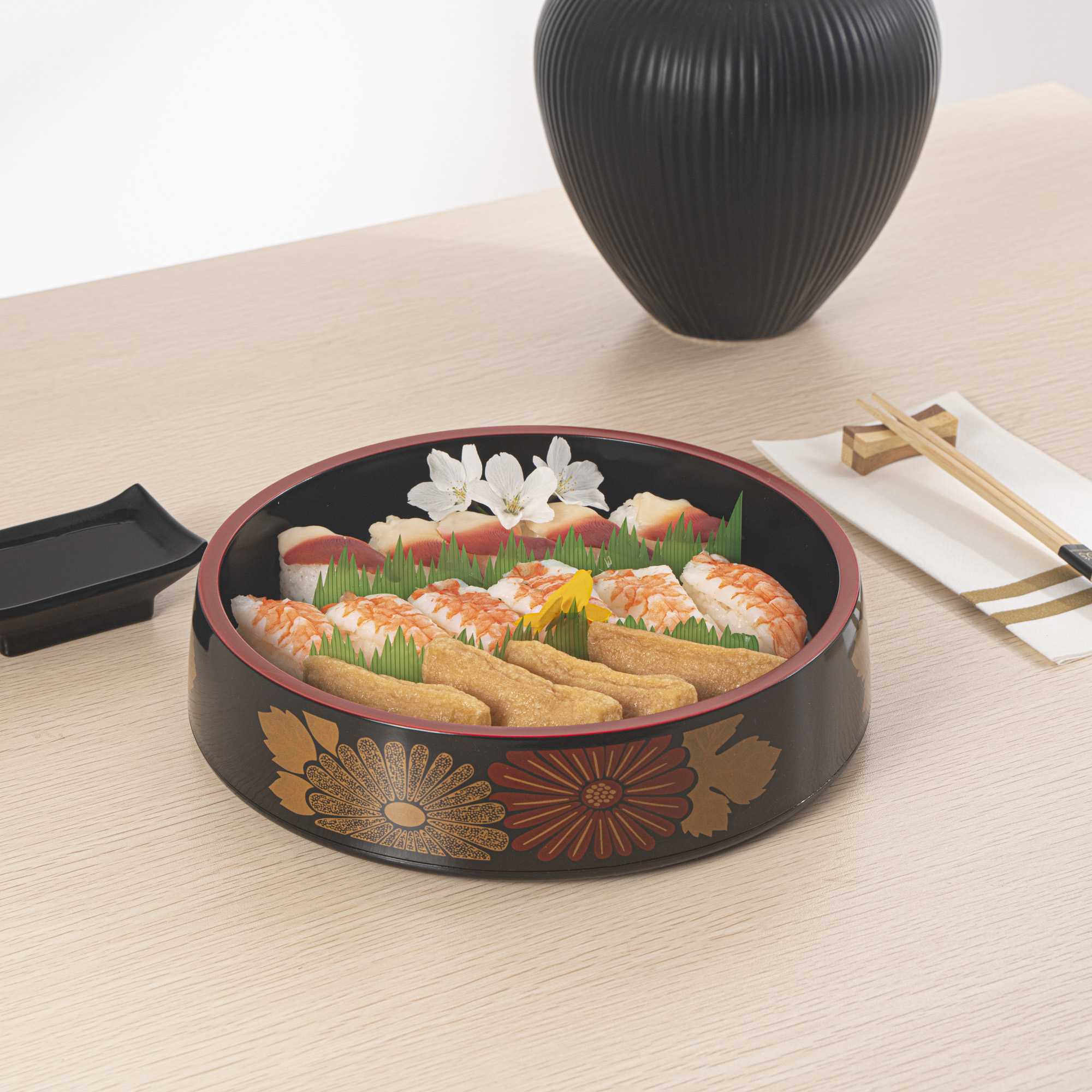 Bento Tek Round Black Floral Decal Sushi Tray - with Red Rim - 9 3/4" x 9 3/4" x 2 1/4" - 30 count box