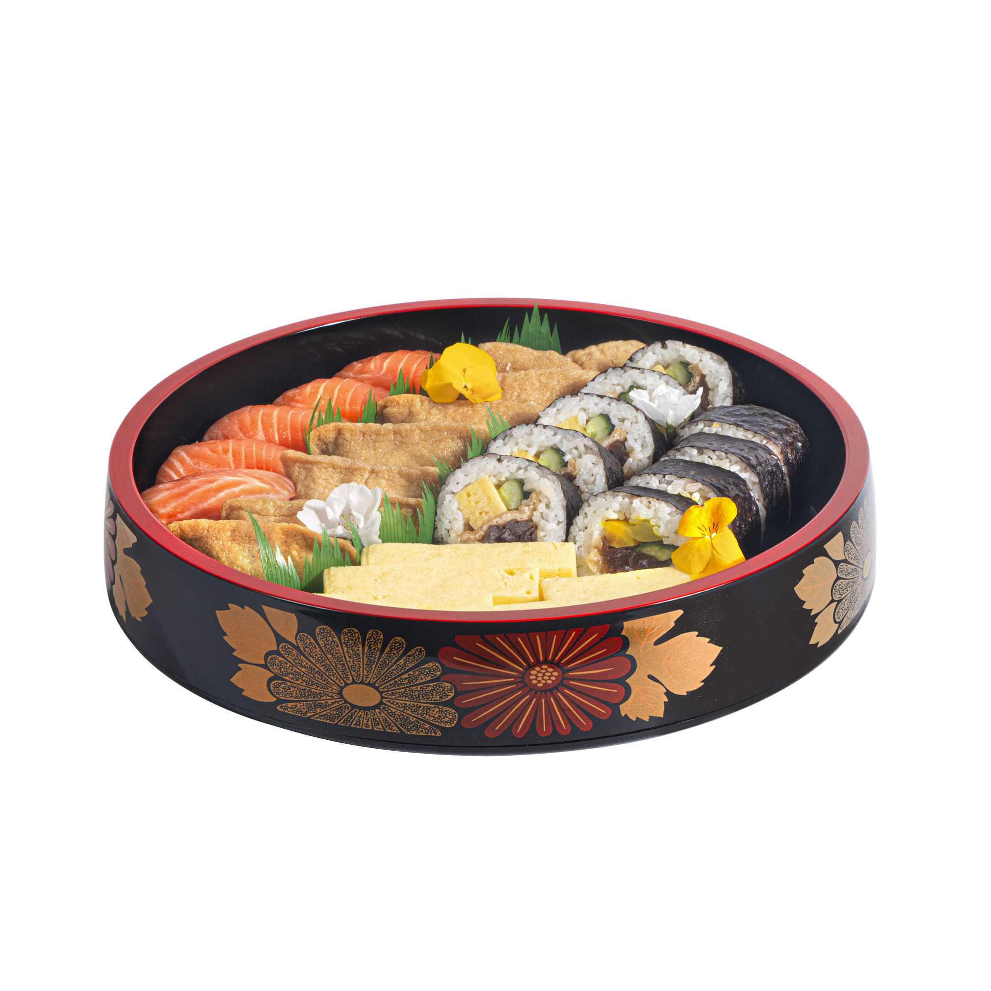 Bento Tek Round Black Floral Decal Sushi Tray - with Red Rim - 11 3/4" x 11 3/4" x 2 1/4" - 20 count box