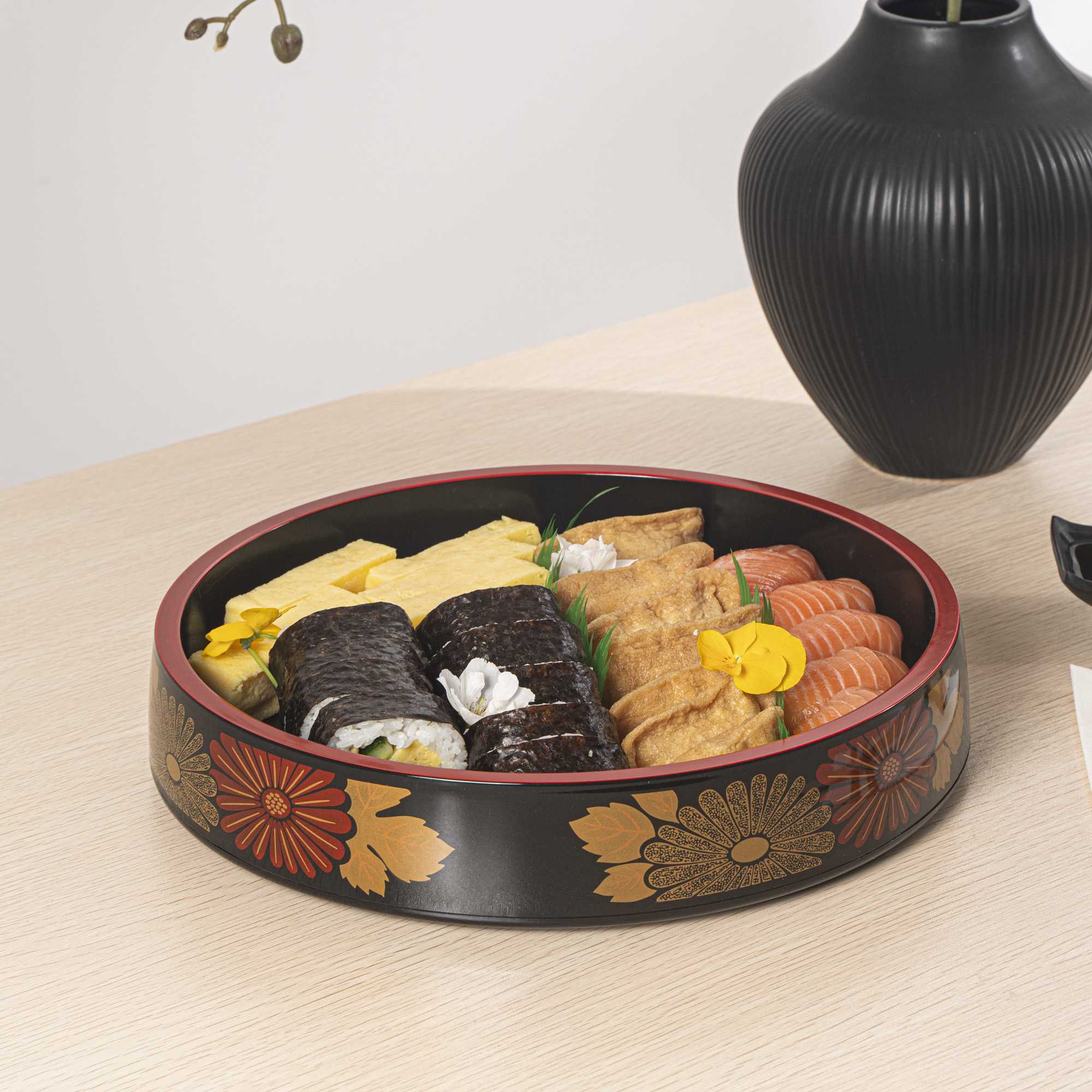 Bento Tek Round Black Floral Decal Sushi Tray - with Red Rim - 11 3/4" x 11 3/4" x 2 1/4" - 20 count box