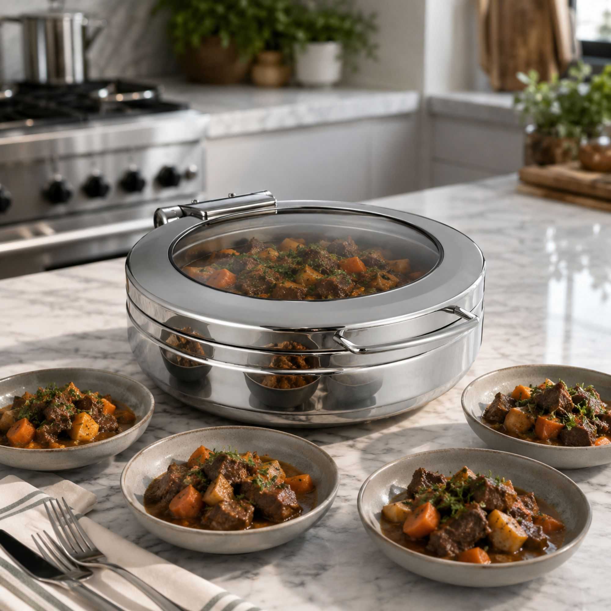 Met Lux 6 qt Round Stainless Steel Chafer Body - Induction Ready, with Glass Viewing Window - 1 count box