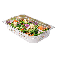 Met Lux Rectangle Stainless Steel Full Size Steam Table Pan 4 Inch Deep - Perforated, Anti Jam, Collapsible Handles - 1 count box