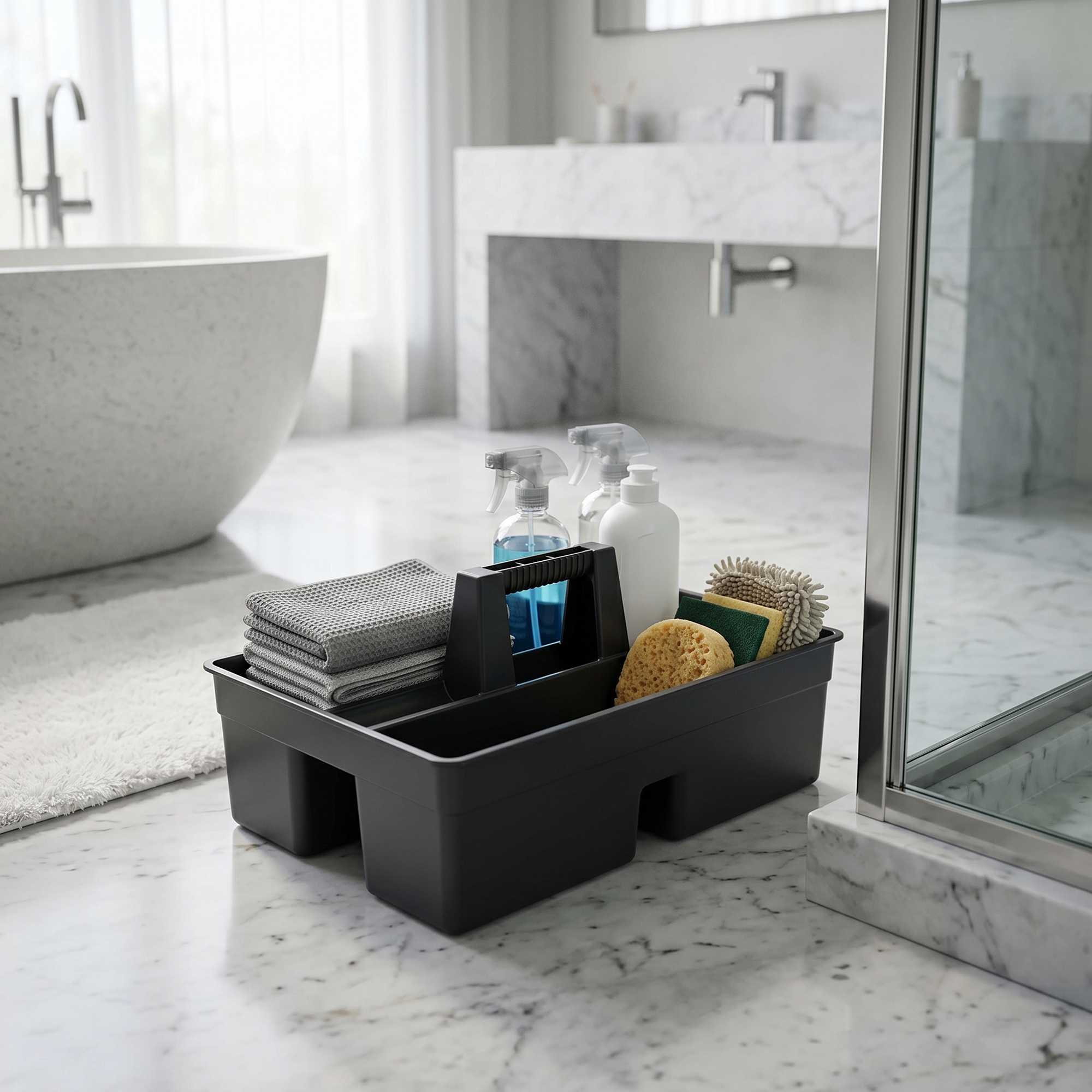 RW Clean Black Plastic Cleaning Caddy - 3 Compartments, with Handle - 16" x 10 1/2" x 7" - 1 count box