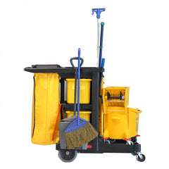 RW Clean Black Plastic Heavy-Duty Janitor Cart - 3 Shelves, 20 gal Nylon Bag, Hinged Lid - 44 1/4