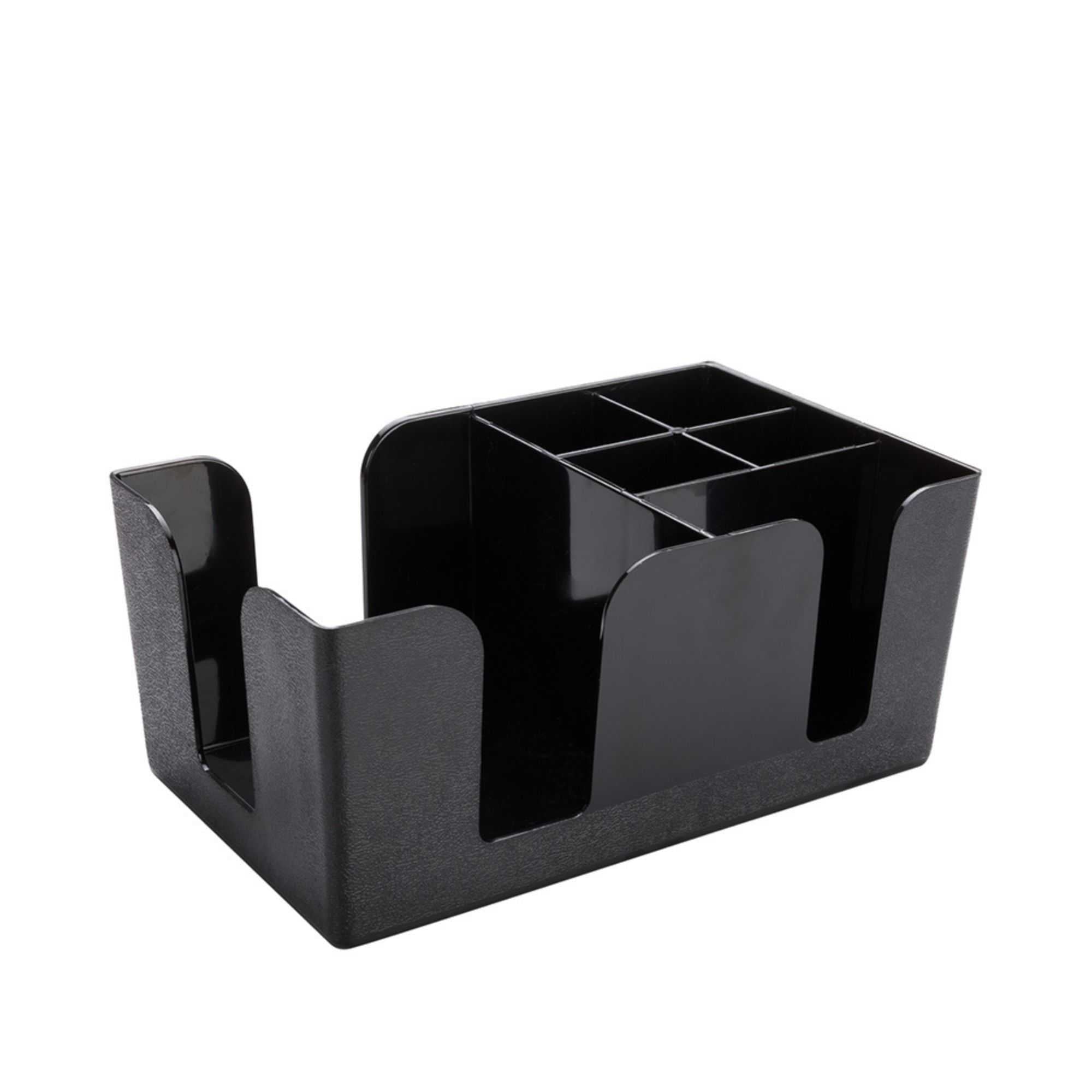 Bar Lux Black Plastic Condiment Caddy Napkin Holder - 6 Compartments, Pebbled - 9 1/2" x 5 3/4" x 4 1/4" - 1 count box