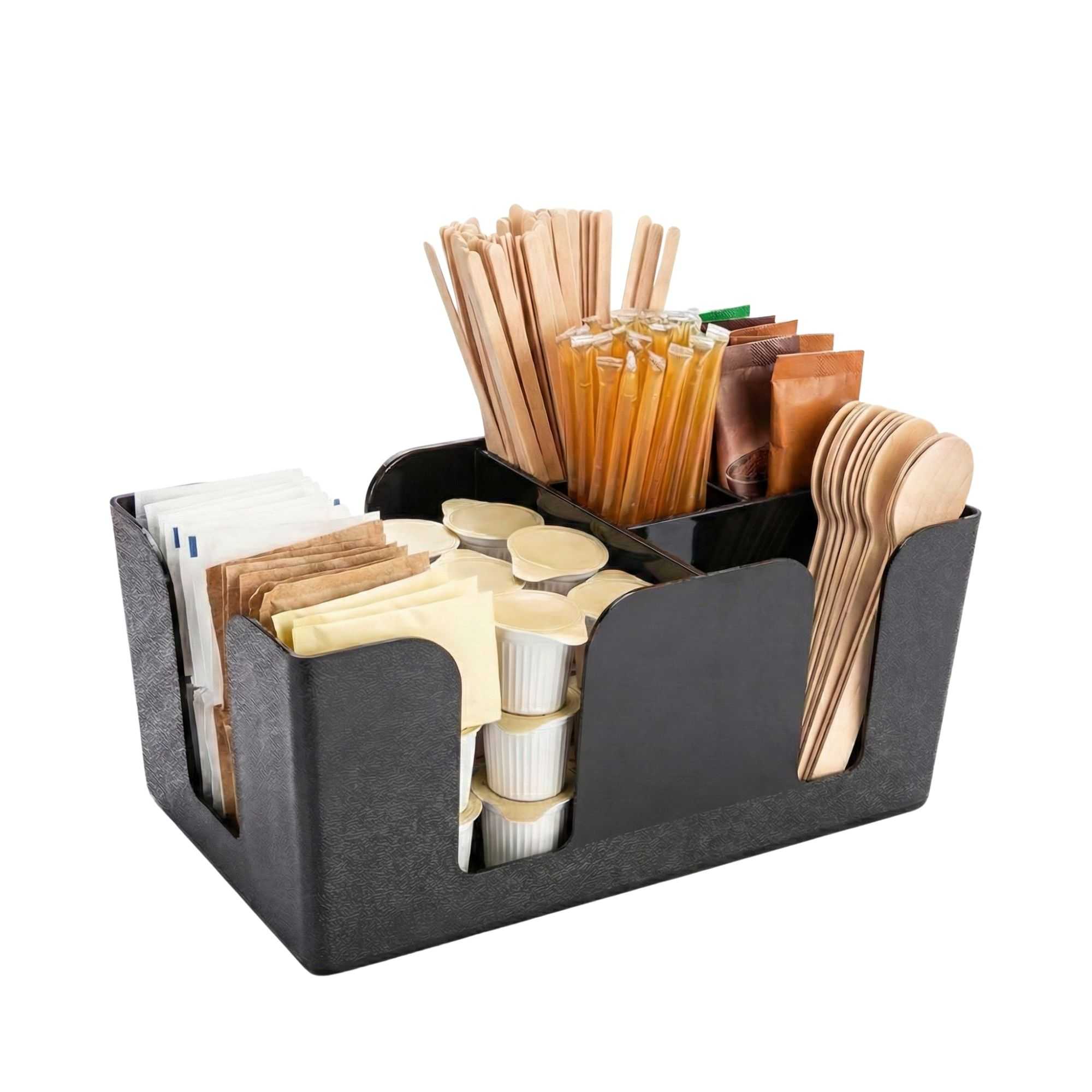 Bar Lux Black Plastic Condiment Caddy Napkin Holder - 6 Compartments, Pebbled - 9 1/2" x 5 3/4" x 4 1/4" - 1 count box
