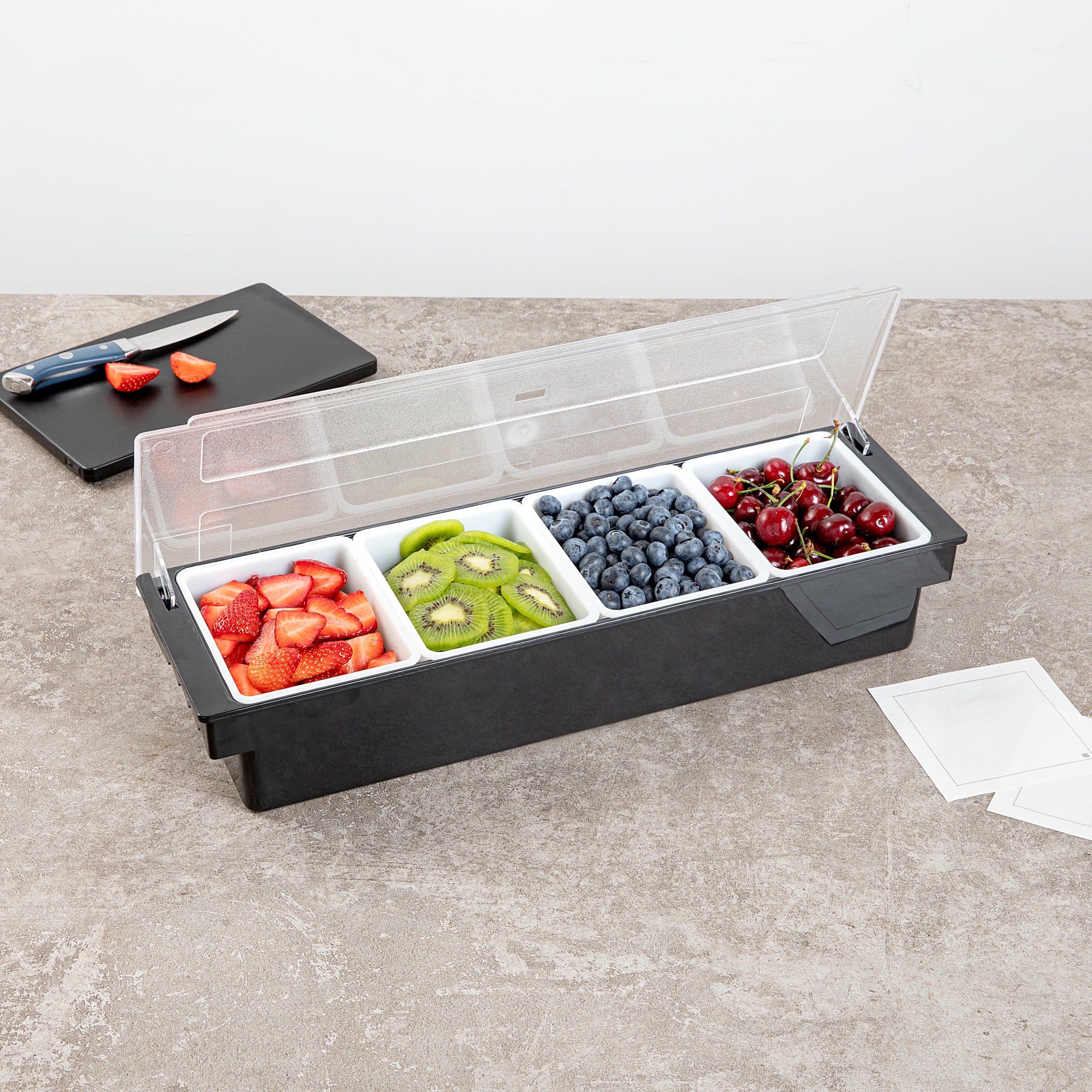 Bar Lux Black Plastic Condiment Caddy - 4 Compartments - 19 1/2" x 6 1/4" x 3 3/4" - 1 count box