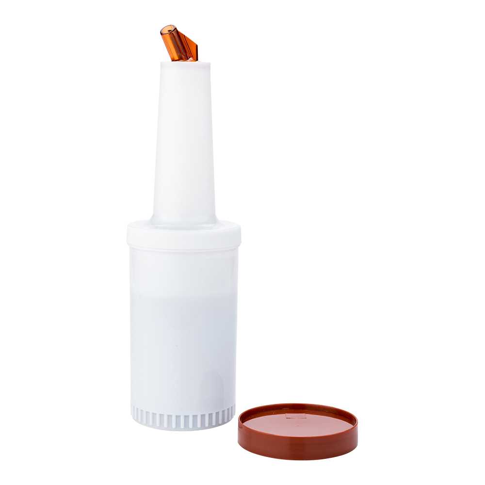 Bar Lux 1 qt Plastic Quick Pour Storage Container Bottle - with Brown Spout and Lid - 3 1/2" x 3 1/2" x 13" - 15 count box