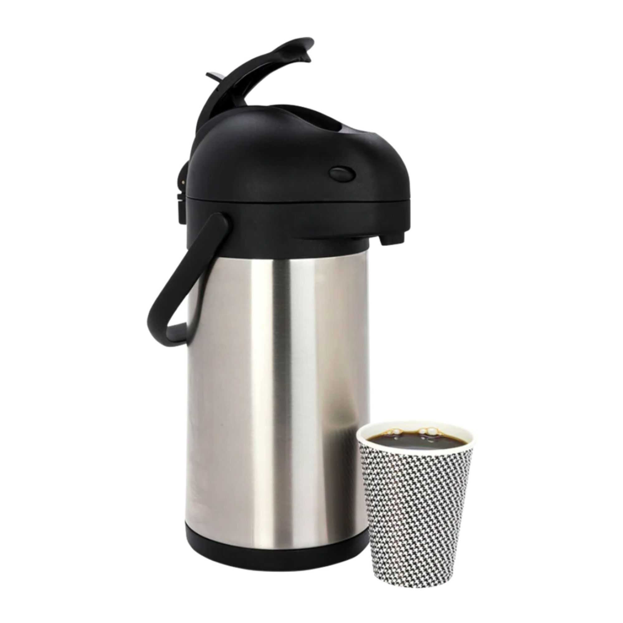 Met Lux 2.2L Silver Stainless Steel Airpot Coffee Dispenser - Pump Lever, 24 hr Heat Retention - 6" x 6" x 14" - 1 count box
