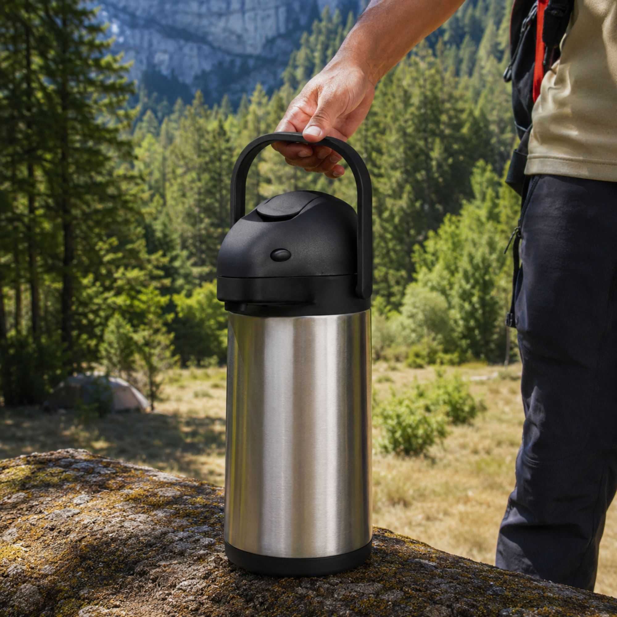 Met Lux 2.2L Silver Stainless Steel Airpot Coffee Dispenser - Pump Lever, 24 hr Heat Retention - 6" x 6" x 14" - 1 count box