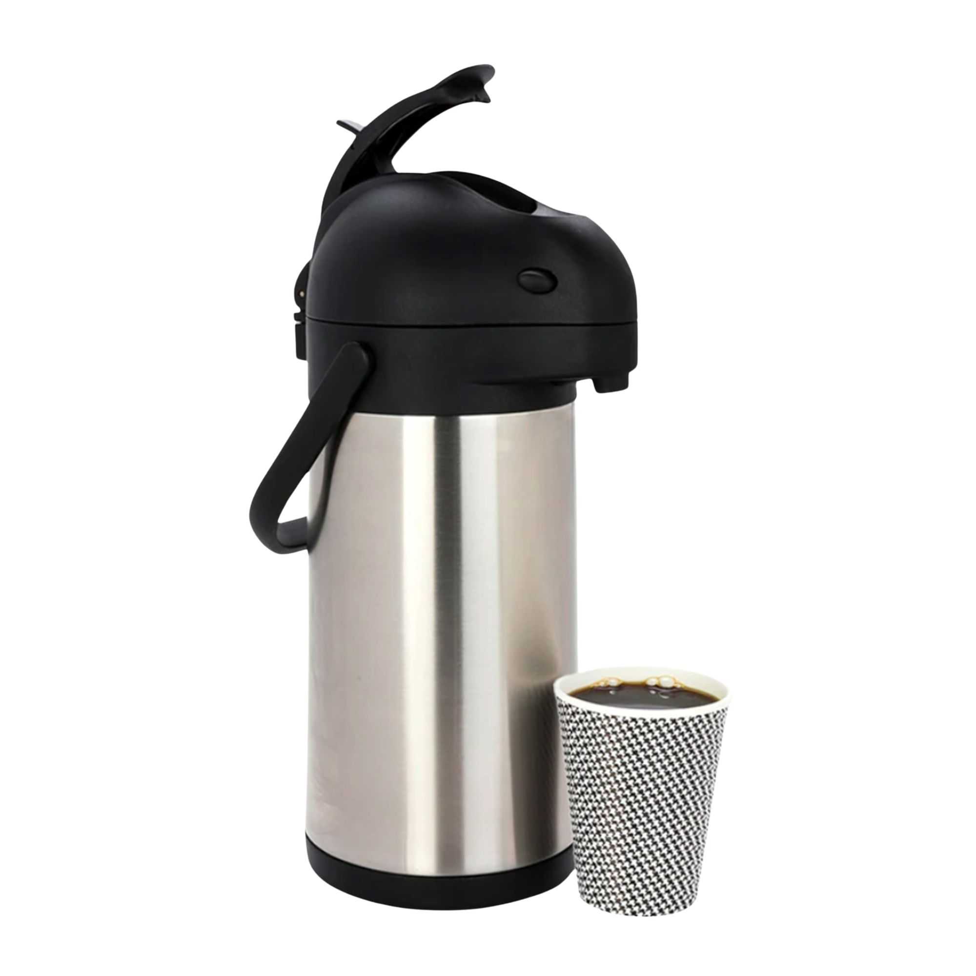 Met Lux 3L Silver Stainless Steel Airpot Coffee Dispenser - Pump Lever, 24 hr Heat Retention - 6" x 6" x 16" - 1 count box