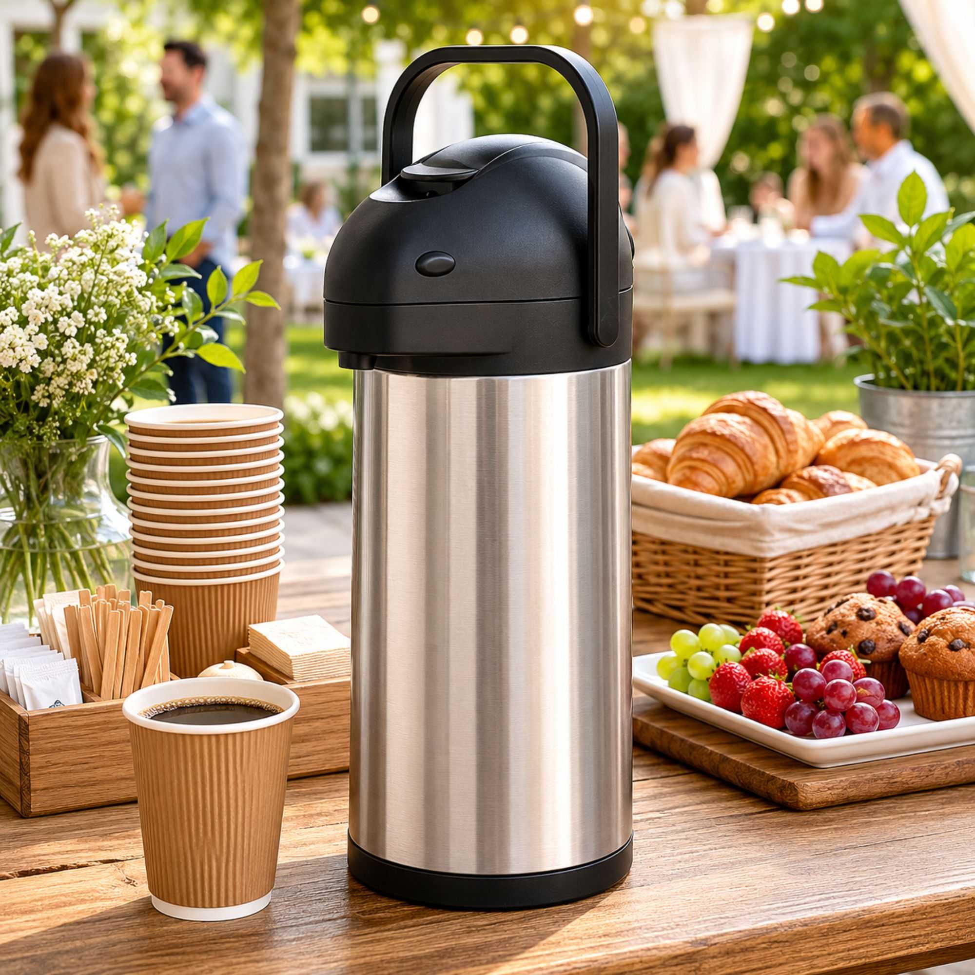 Met Lux 3L Silver Stainless Steel Airpot Coffee Dispenser - Pump Lever, 24 hr Heat Retention - 6" x 6" x 16" - 1 count box