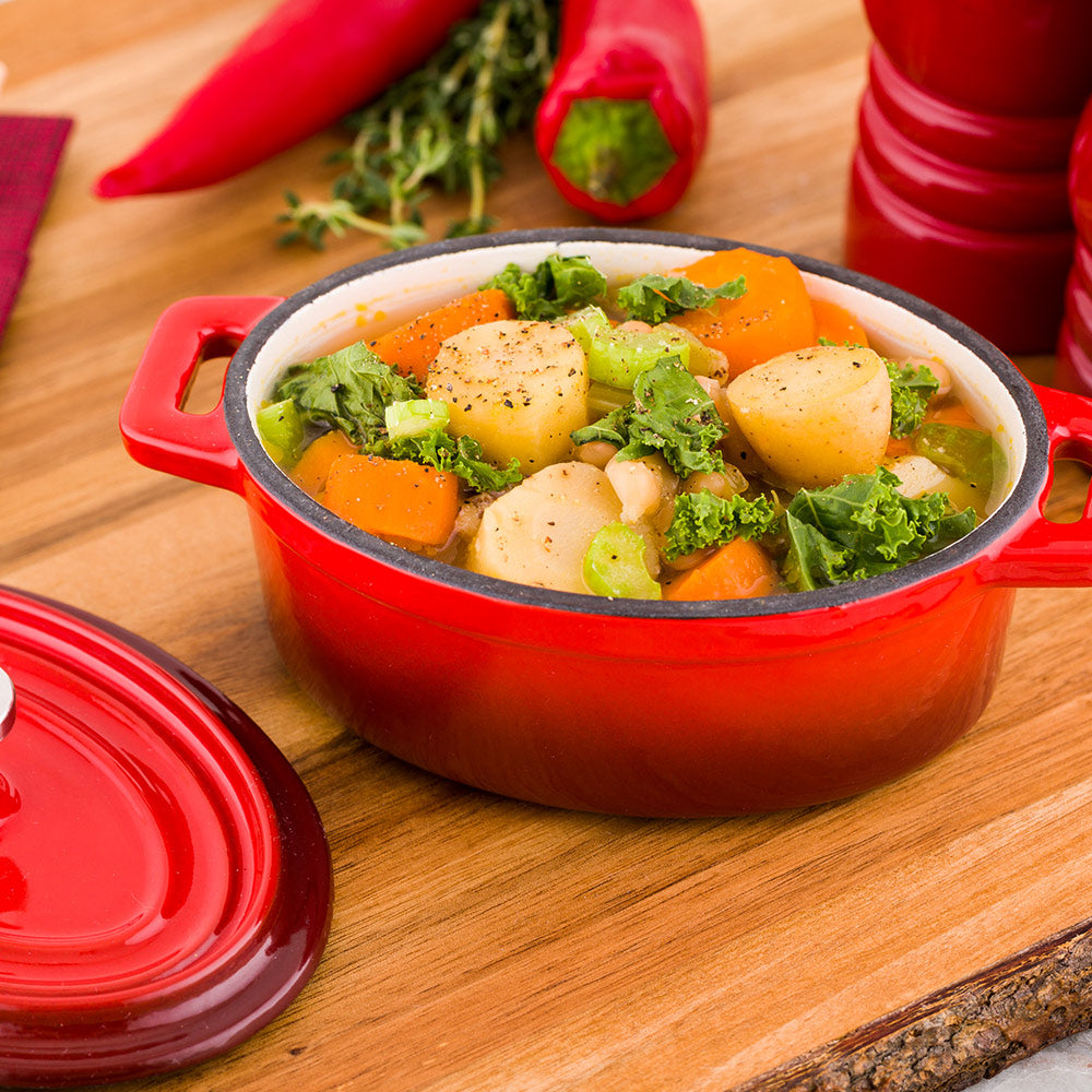 Met Lux 9 oz Oval Red Cast Iron Mini Casserole Dish - Enameled, with Stainless Steel Knob - 6" x 4" x 3" - 1 count box
