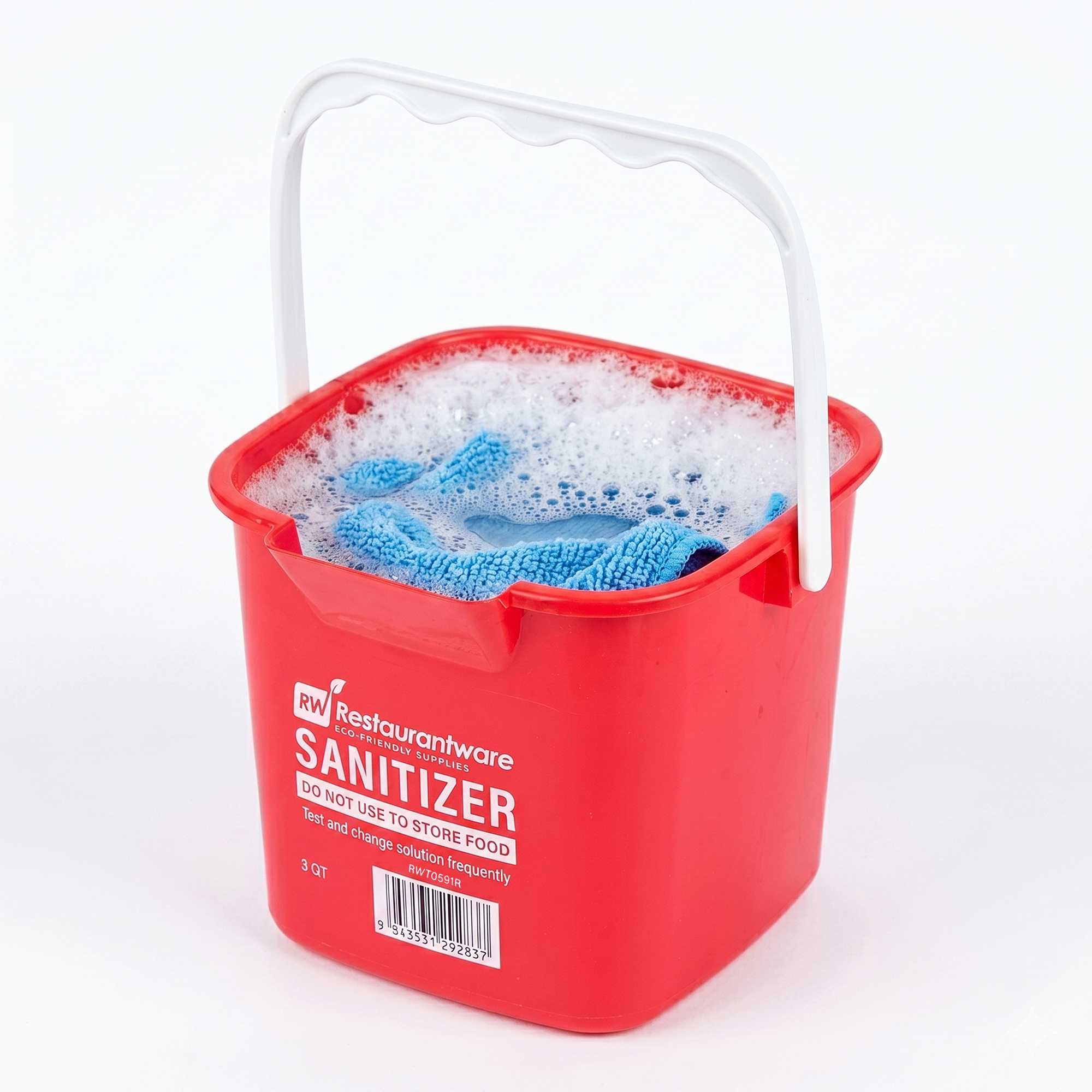 RW Clean 3 Qt Square Red Plastic Sanitizing Bucket - with Plastic Handle - 7" x 6 3/4" x 6" - 1 count box