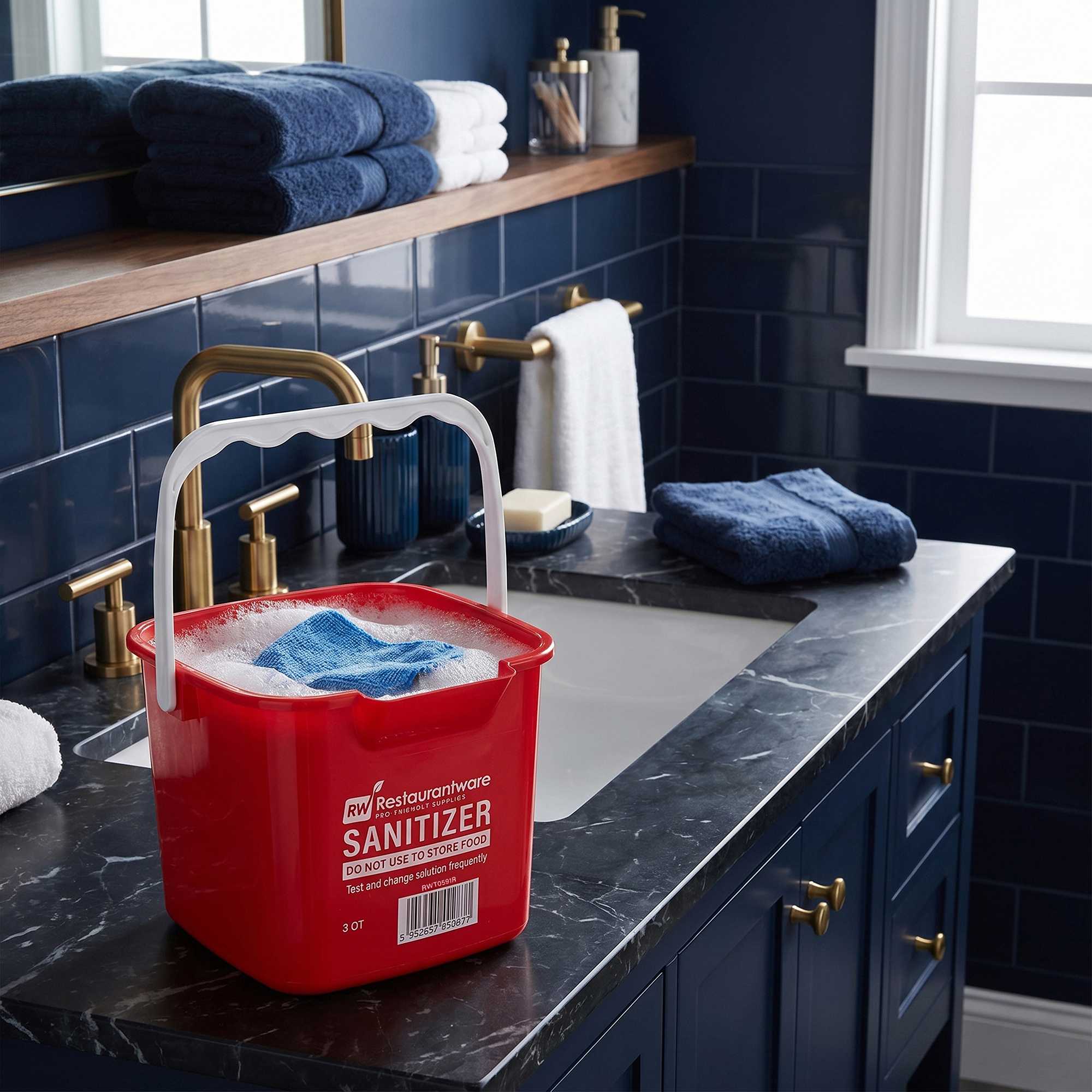 RW Clean 3 Qt Square Red Plastic Sanitizing Bucket - with Plastic Handle - 7" x 6 3/4" x 6" - 1 count box