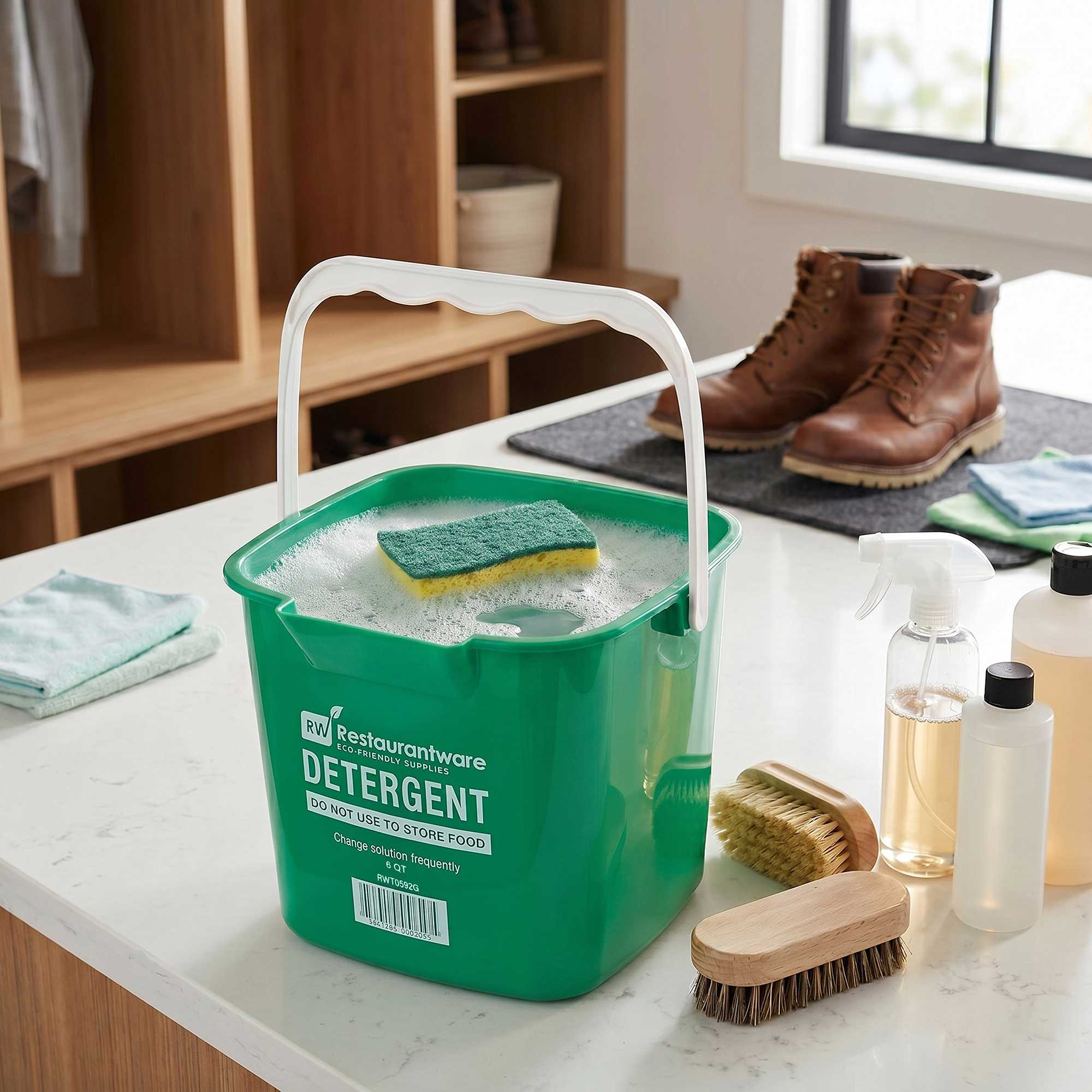 RW Clean 6 Qt Square Green Plastic Cleaning Bucket - with Plastic Handle - 8 1/2" x 8 1/2" x 7 1/4" - 1 count box