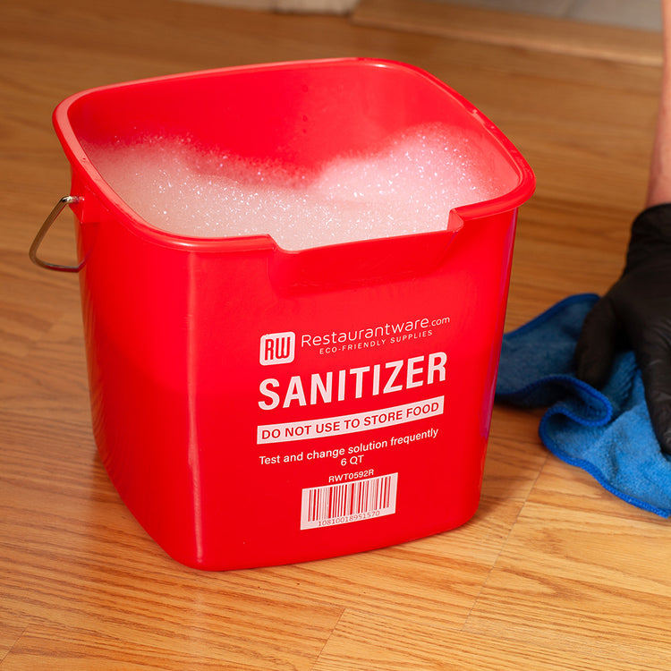 RW Clean 6 Qt Square Red Plastic Sanitizing Bucket with Stainless Steel Handle 8 1/2" x 8 1/
