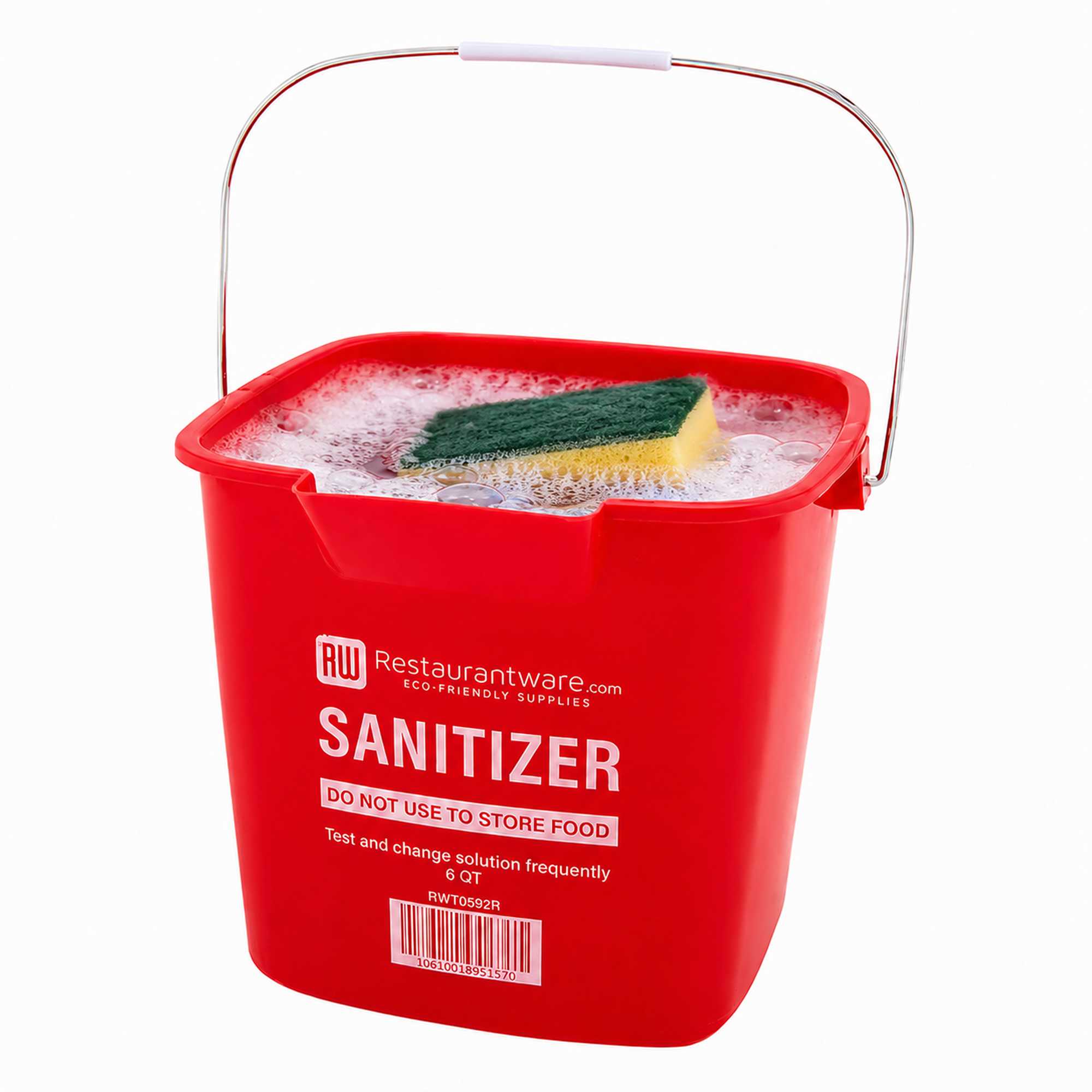 RW Clean 6 Qt Square Red Plastic Sanitizing Bucket - with Stainless Steel Handle - 8 1/2" x 8 1/2" x 7 1/4" - 1 count box