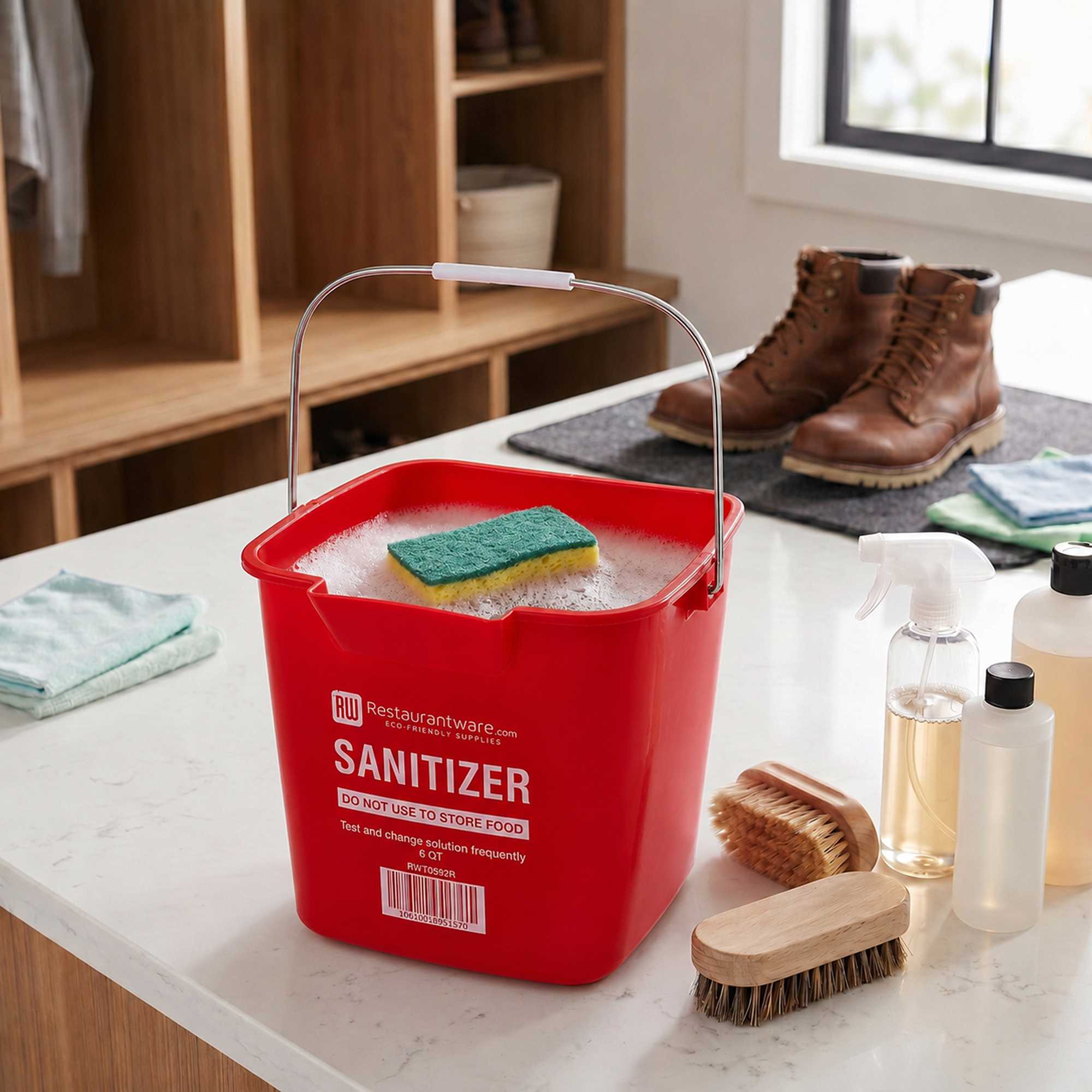 RW Clean 6 Qt Square Red Plastic Sanitizing Bucket - with Stainless Steel Handle - 8 1/2" x 8 1/2" x 7 1/4" - 1 count box