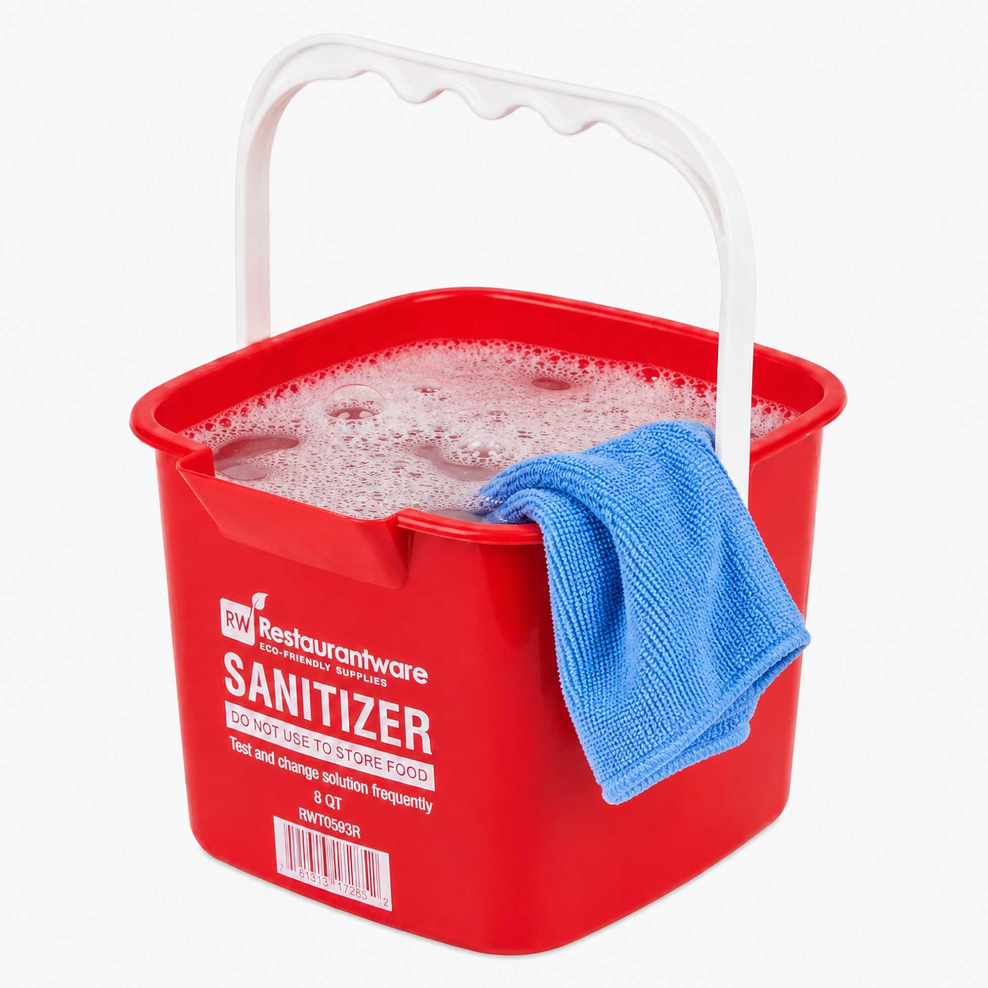 RW Clean 8 Qt Square Red Plastic Sanitizing Bucket - with Plastic Handle - 9 3/4" x 9 3/4" x 7 1/2" - 1 count box