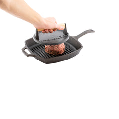 Met Lux Black Cast Iron Grill Press - with Wooden Handle - 7