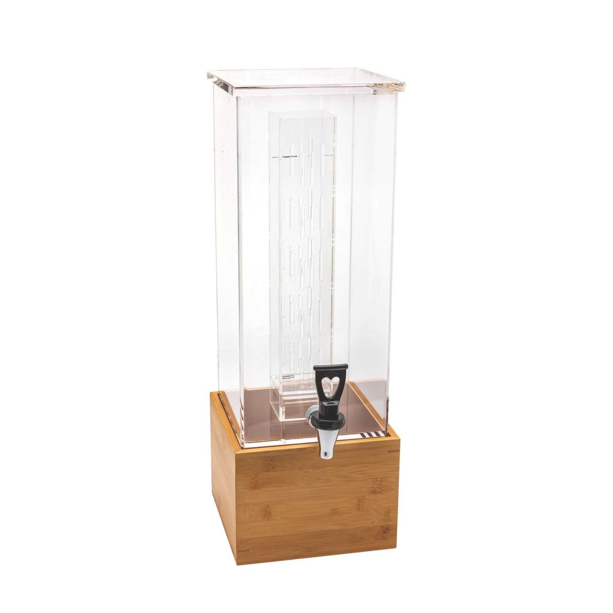 Bev Tek 2 gal Square Clear Acrylic Beverage Dispenser - Infusion Core, Bamboo Base - 8 1/4" x 8 1/4" x 23" - 1 count box
