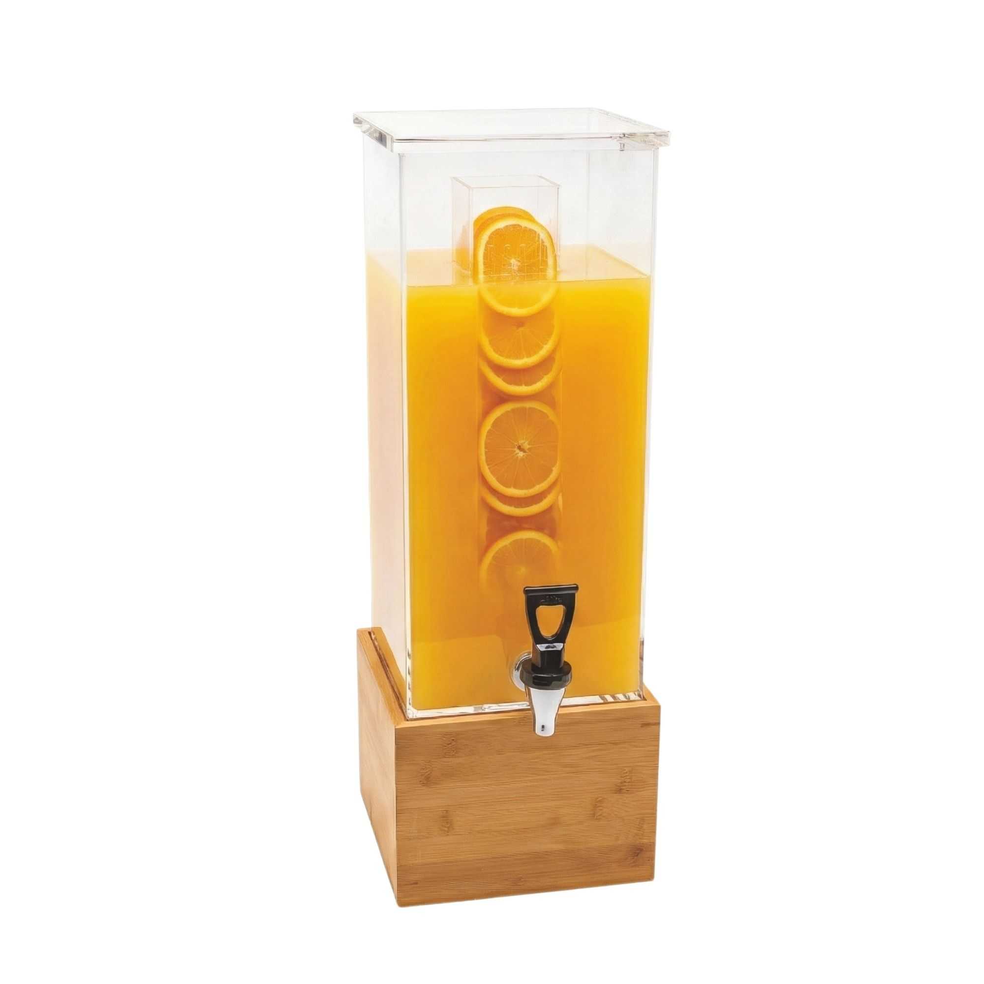 Bev Tek 2 gal Square Clear Acrylic Beverage Dispenser - Infusion Core, Bamboo Base - 8 1/4" x 8 1/4" x 23" - 1 count box