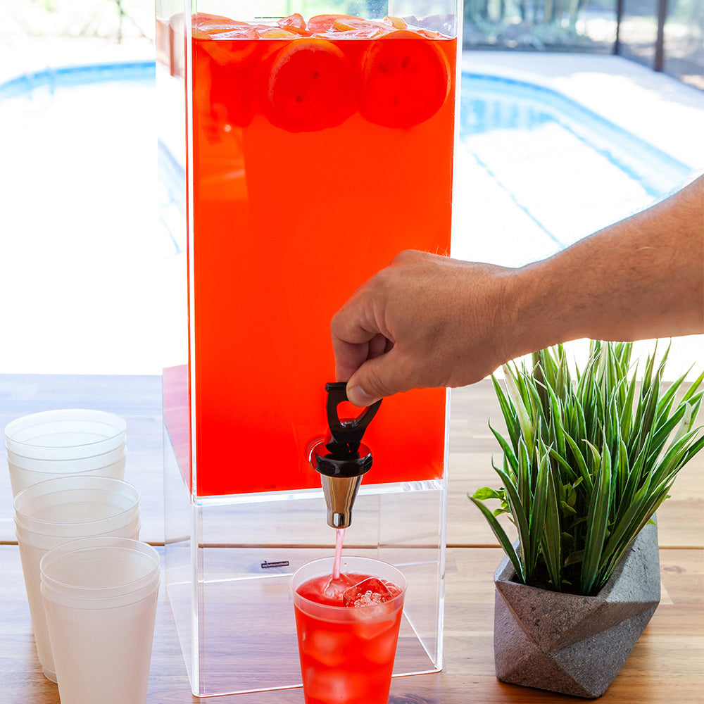 Bev Tek 2 gal Square Clear Acrylic Beverage Dispenser - Clear Geo Base - 7 1/2" x 7 1/2" x 23" - 1 count box