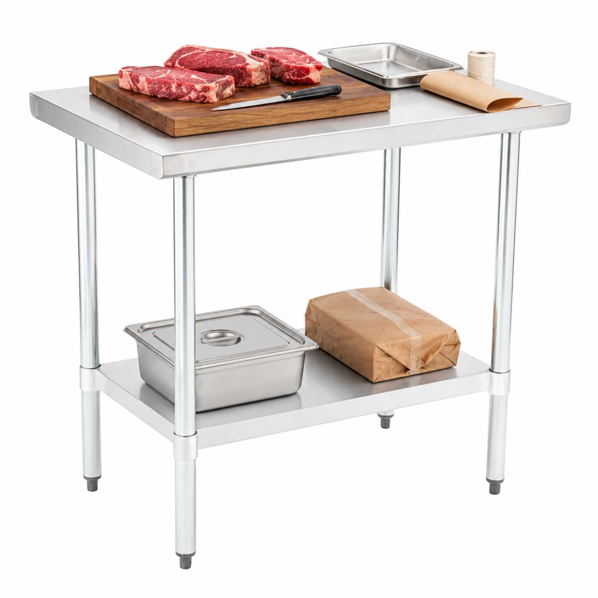 Kitchen Tek 18-Gauge 304 Stainless Steel Commercial Work Table - Heavy Duty, Galvanized Legs, Undershelf - 24" x 36" - 1 count box