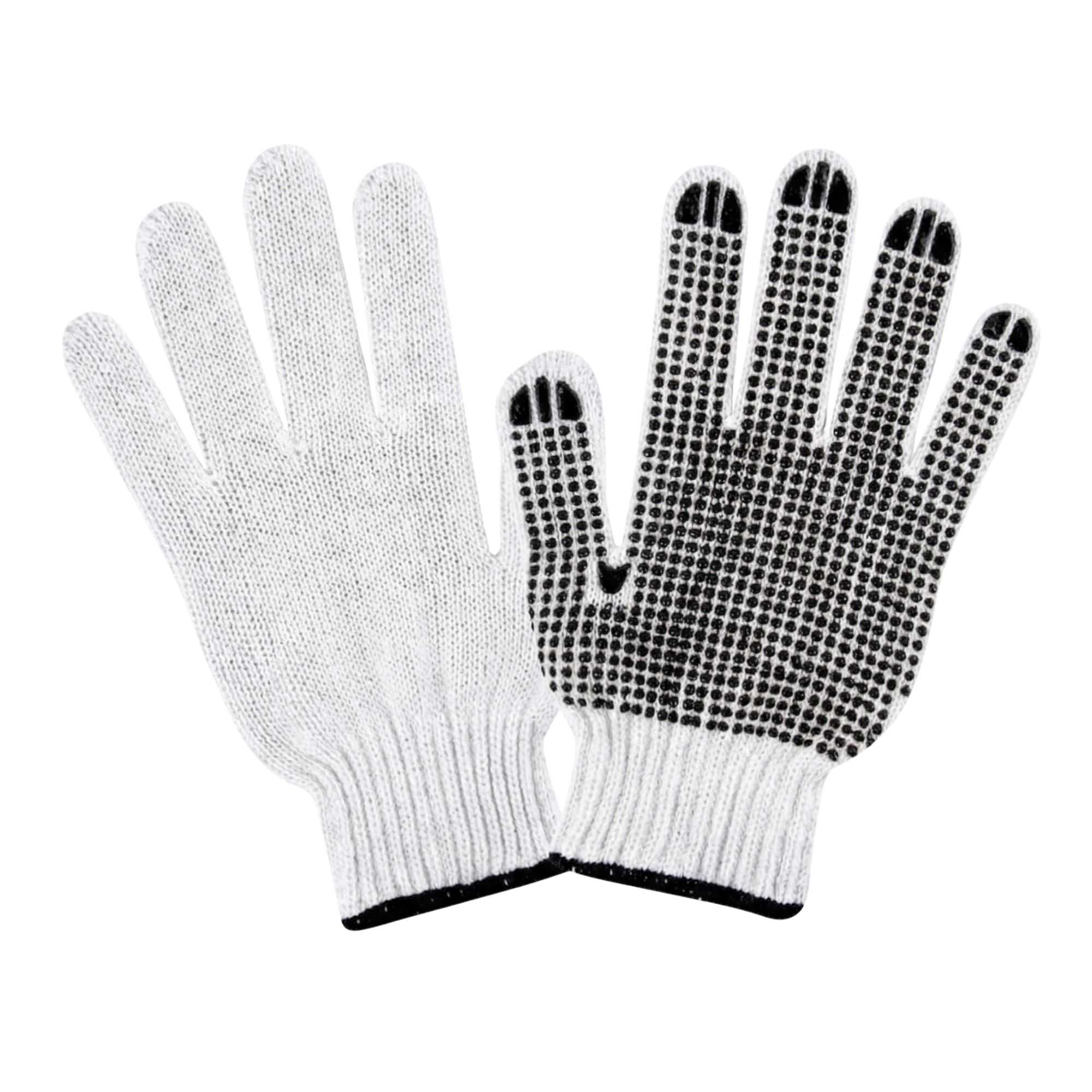 Chef 101 White Poly-Cotton Large Work Gloves - with Black PVC Dots - 10" x 6" - Pair - 6 count box
