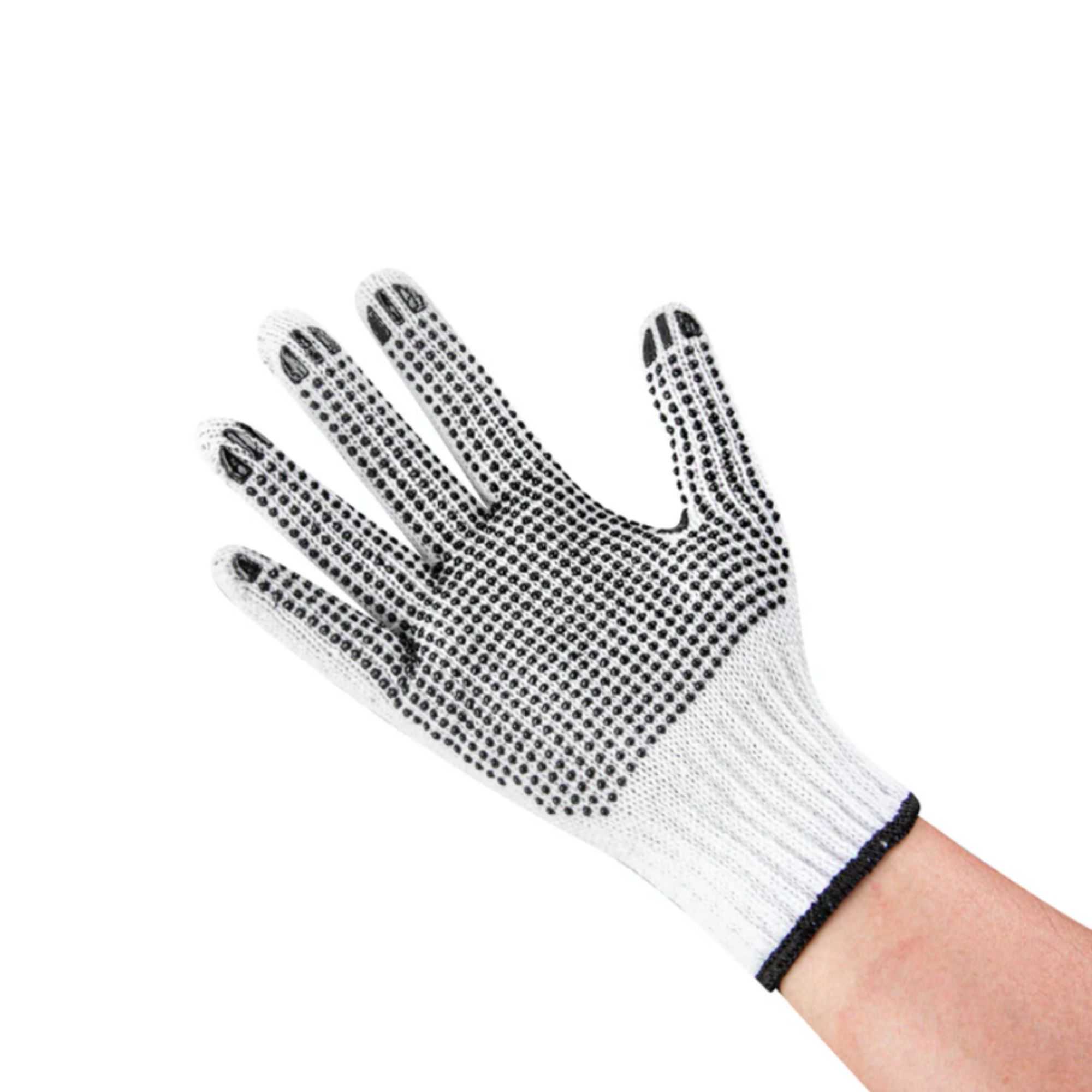 Chef 101 White Poly-Cotton Large Work Gloves - with Black PVC Dots - 10" x 6" - Pair - 6 count box