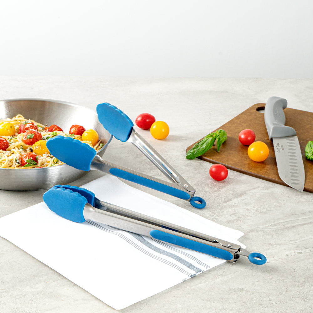 Met Lux Blue Stainless Steel 2-Piece Kitchen Tong Set - Scalloped - 12" x 1 3/4" x 2" - 1 count box