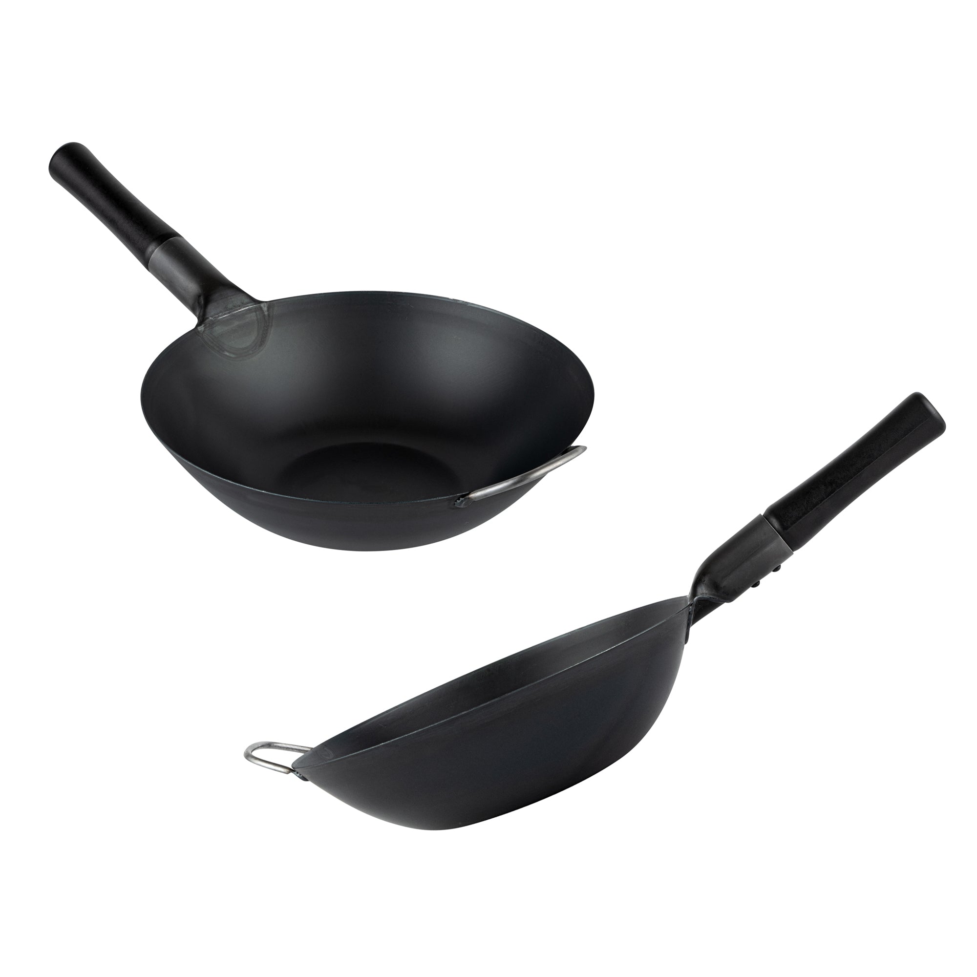 Motomori 12" Black Carbon Steel Flat Bottom Wok / Stir Fry Pan - Pre-seasoned, with Wooden Handle - 1 count box