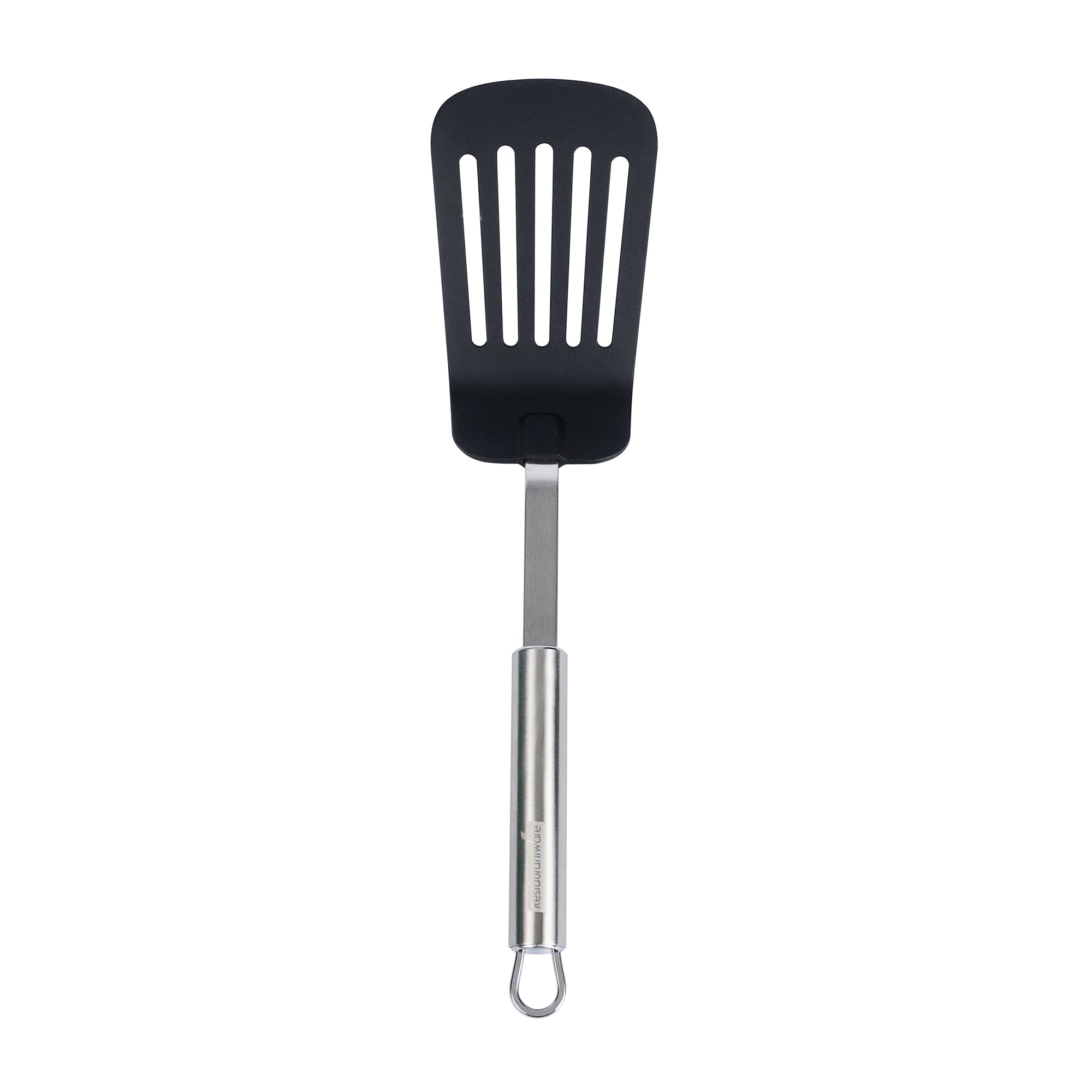 German Standard Black Nylon High Heat Slotted Turner / Spatula - with Stainless Steel Handle - 12 1/2'' - 6 count box
