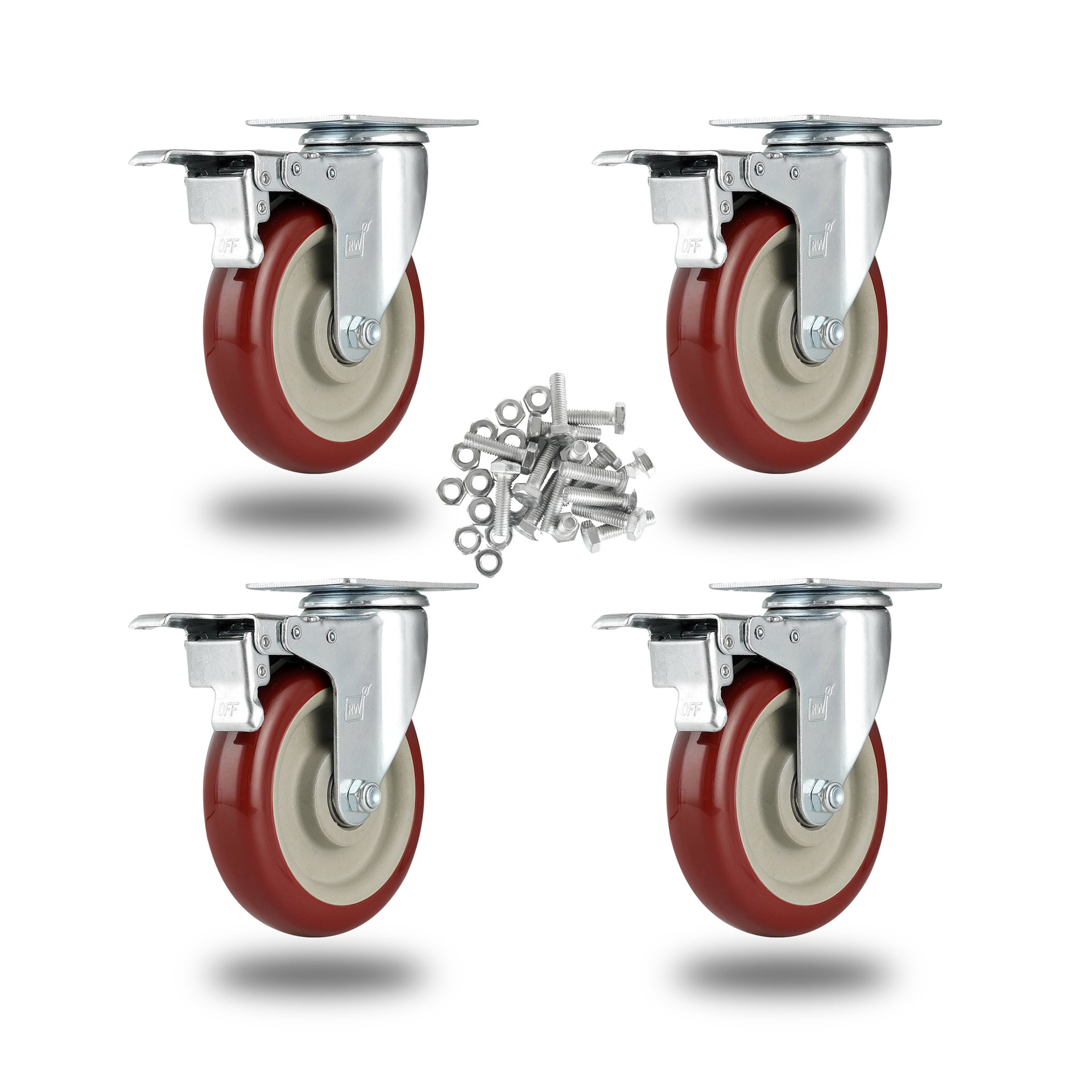 RW Hardware Red Swivel Plate Caster - with Brakes and Mounting Hardware - 5" - 4 count box